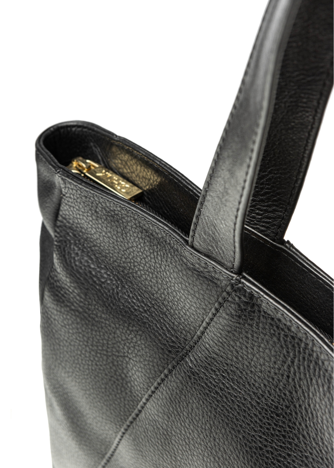 Black leather women's shopper bag TORES-1255-99(W26) - close-up of detail, on white background.