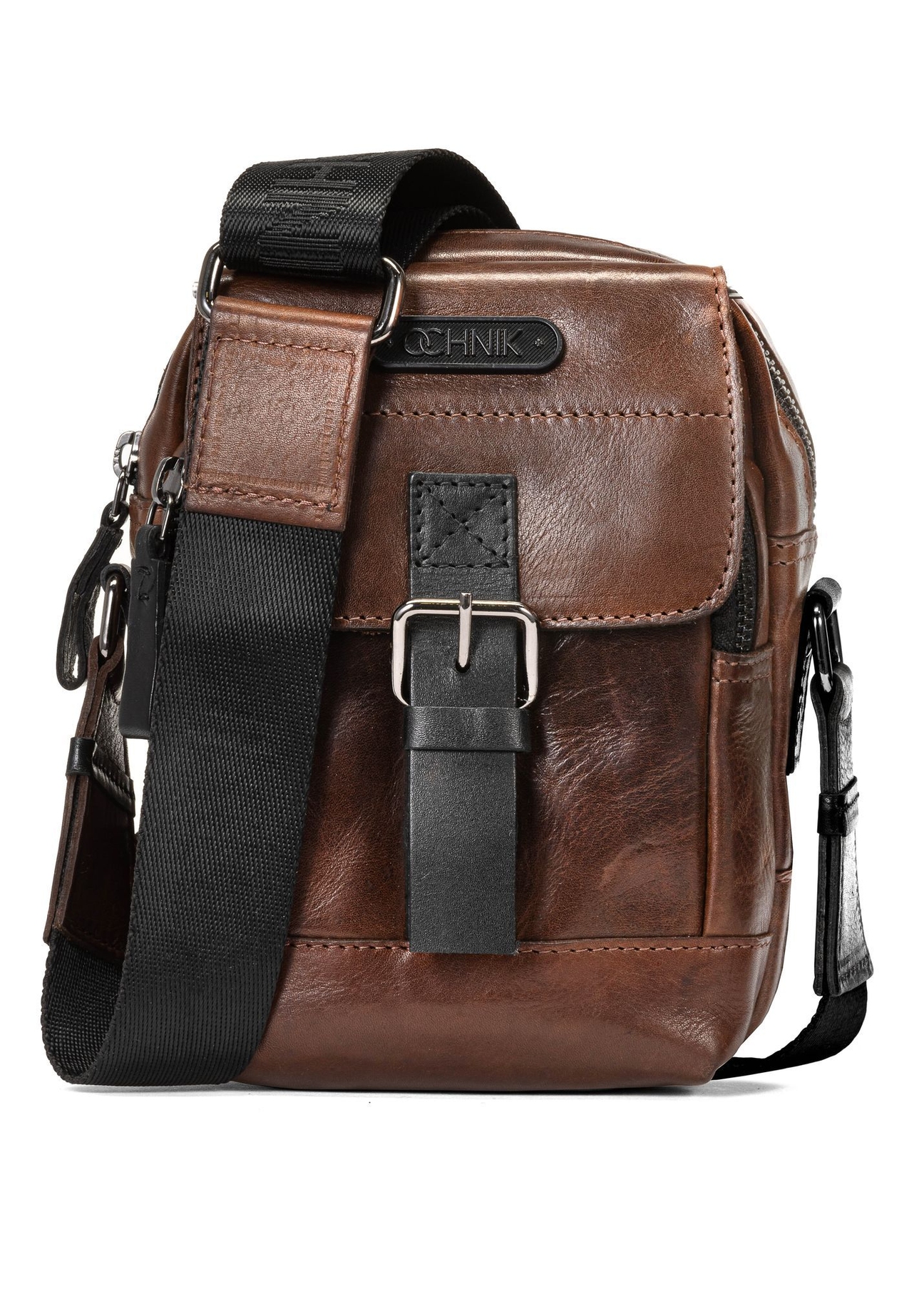 Men's leather brown bag with flap TORMS-0105-1H(W26), front product view on white background.