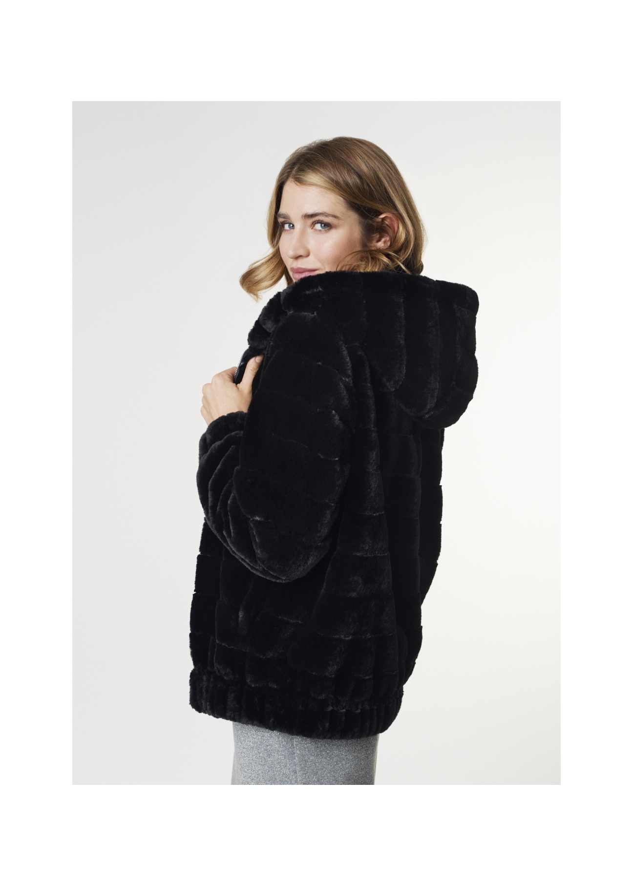 Women's artificial black fur coat with hood FUTDP-0006-99(Z21)-06