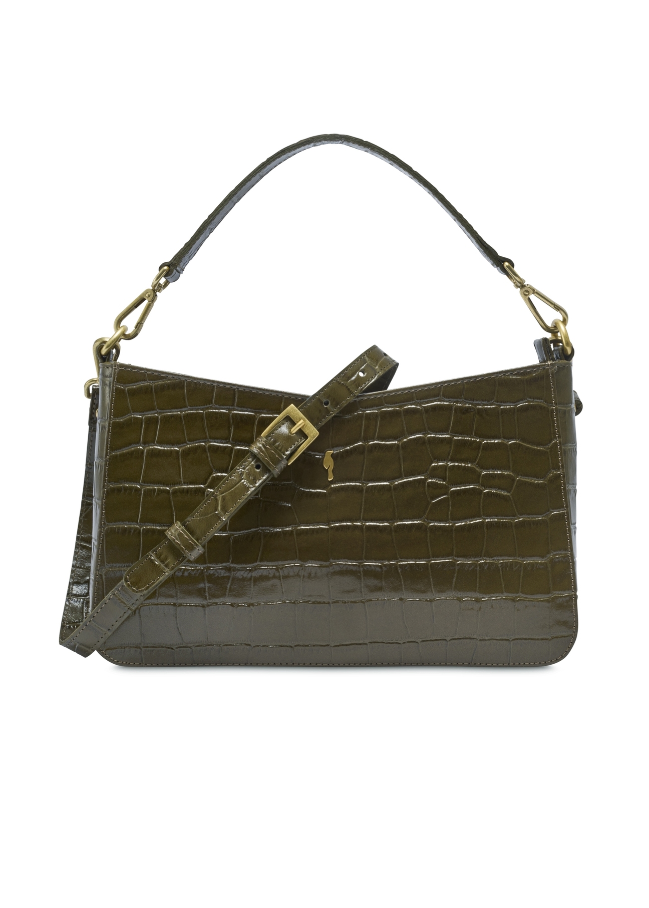 Leather khaki croco handbag TORES-1326-8D(Z26), front product view on light background.