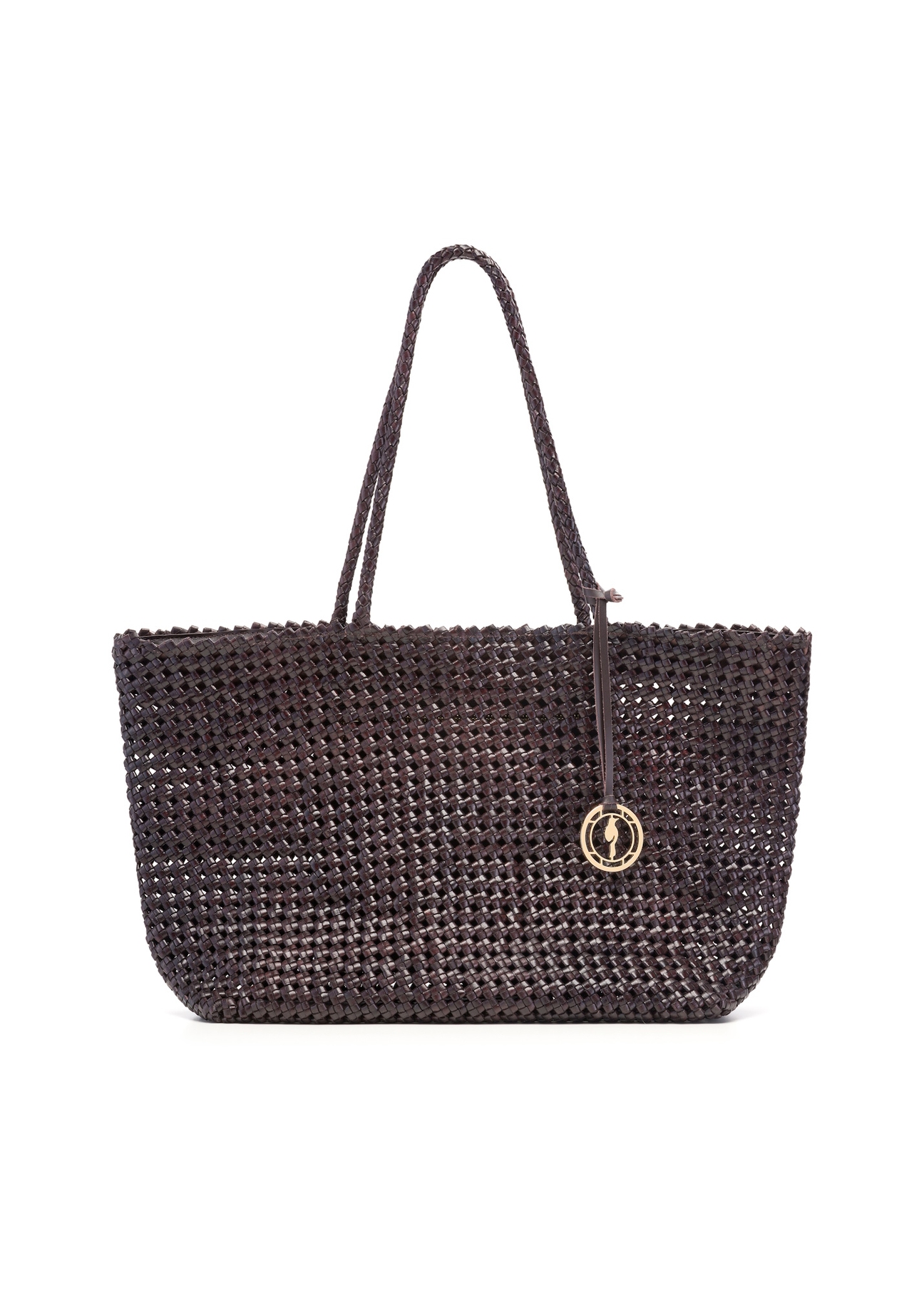 Brown leather woven handbag TORES-1300-1I(W26), front product view on white background.