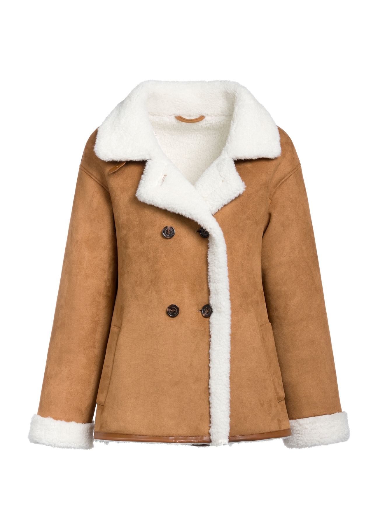Women's sheepskin coat in camel color KOZDP-0013-24(Z25), product view from the front on a white background.