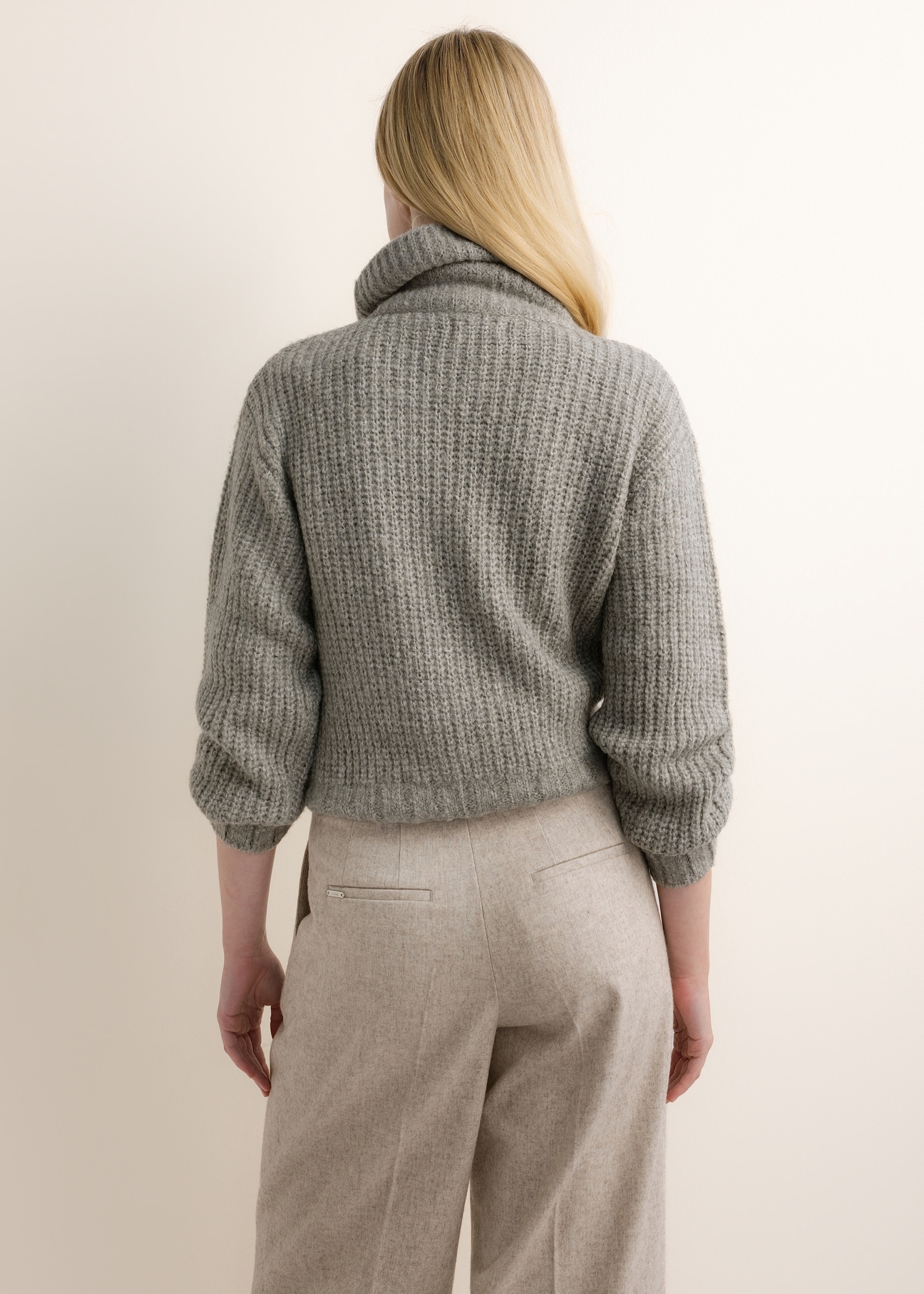 Grey women's turtleneck cardigan KARDT-0068-9B(Z26), back view on a model. Half-body shot.