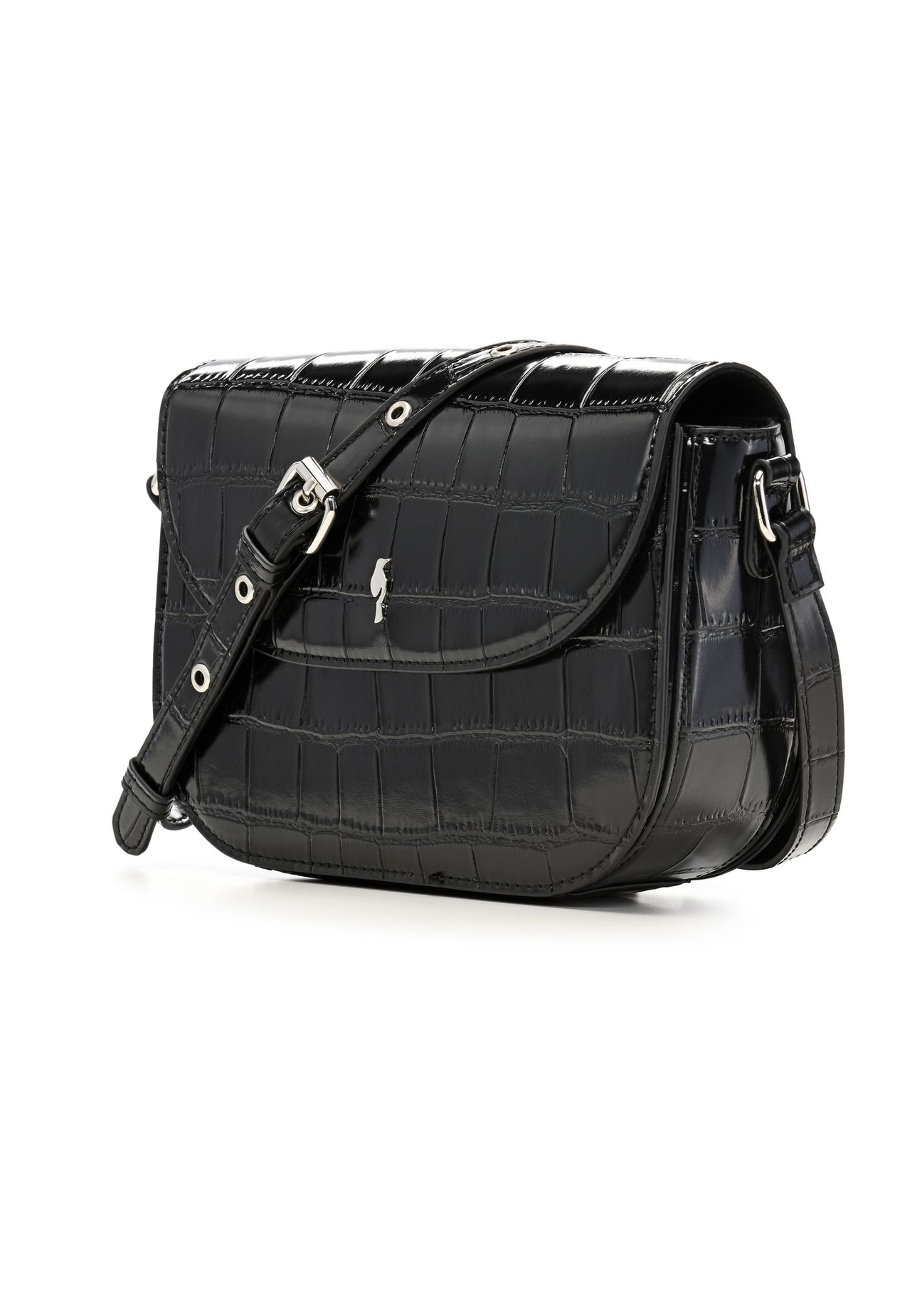 Black small croco shoulder bag TOREC-1244-9G(Z26) - diagonal product view, on a white background.