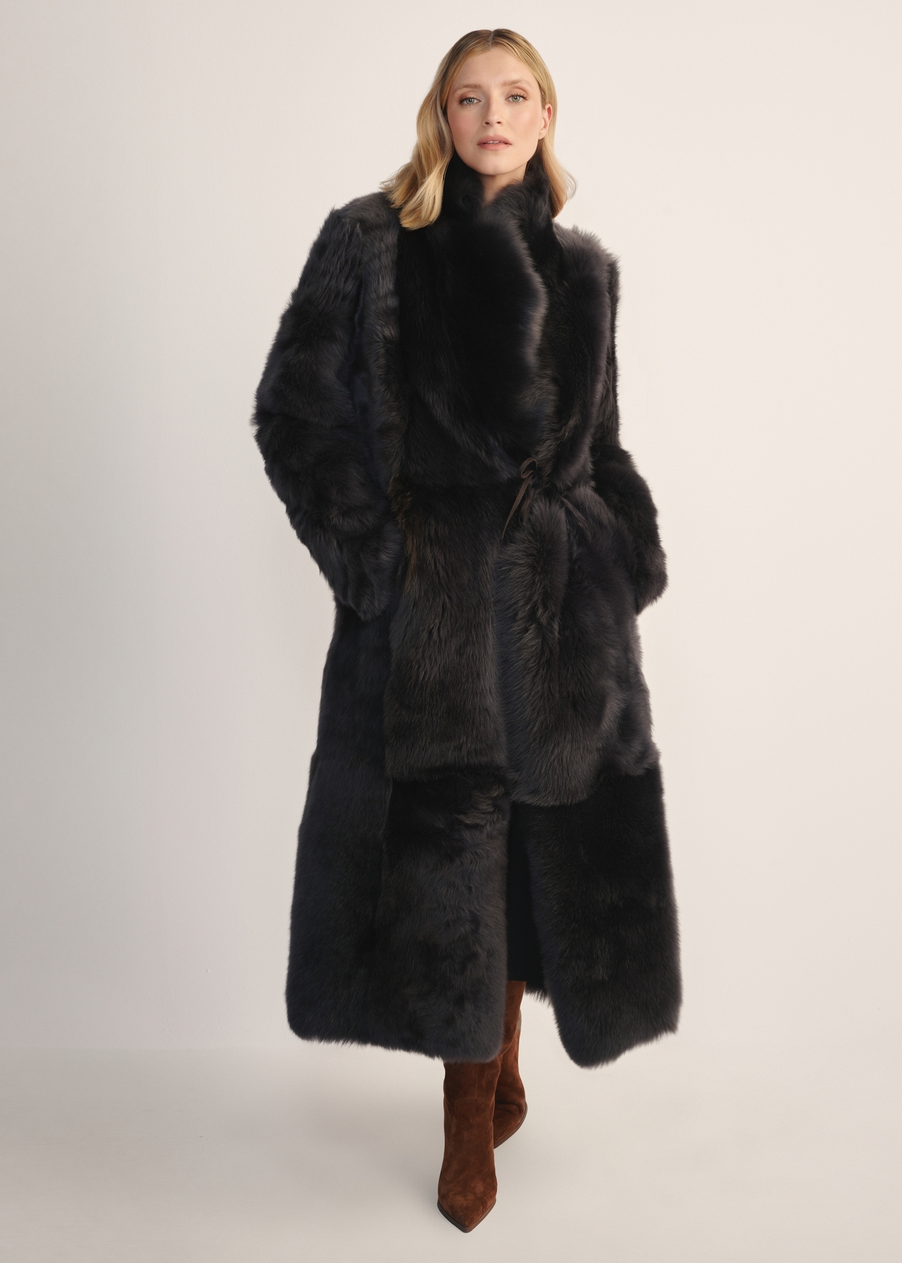 Women's brown double-sided leather sheepskin coat KOZDS-0088-3096(Z25) - front product view on white background. Full body visible.