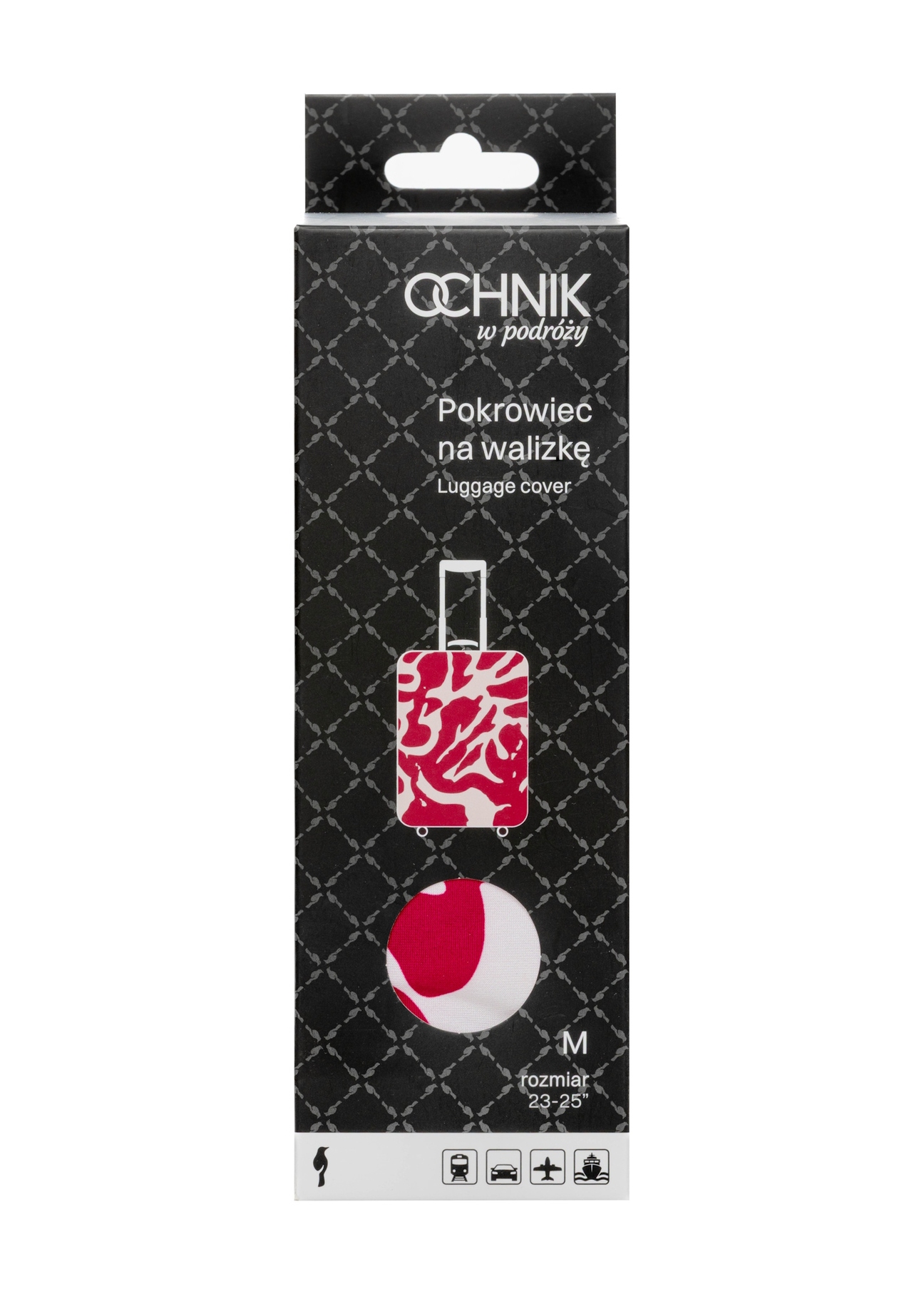 Pink cover for a large suitcase AW-013-0007-5P-L(W26), view of the product in the packaging on a white background.