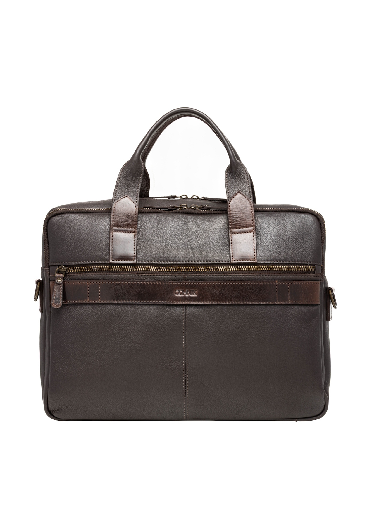 Brown leather men's laptop bag TORMS-0522-1H(Z26), product view from the back on a white background.