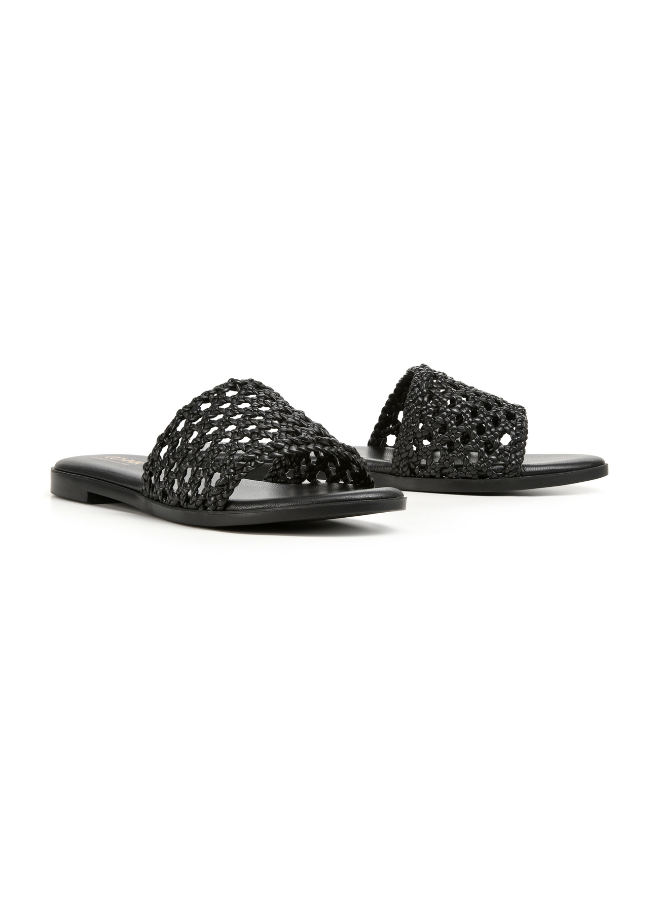 Black women's braided flip-flops BUTYD-1253-99(W26), diagonal product view on a white background.