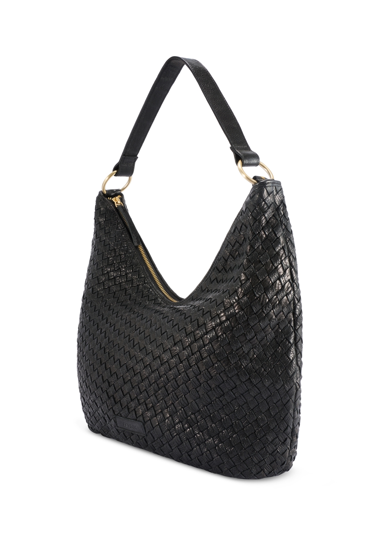 Black leather woven handbag TORES-1242-9P(W26), diagonal product view on white background.