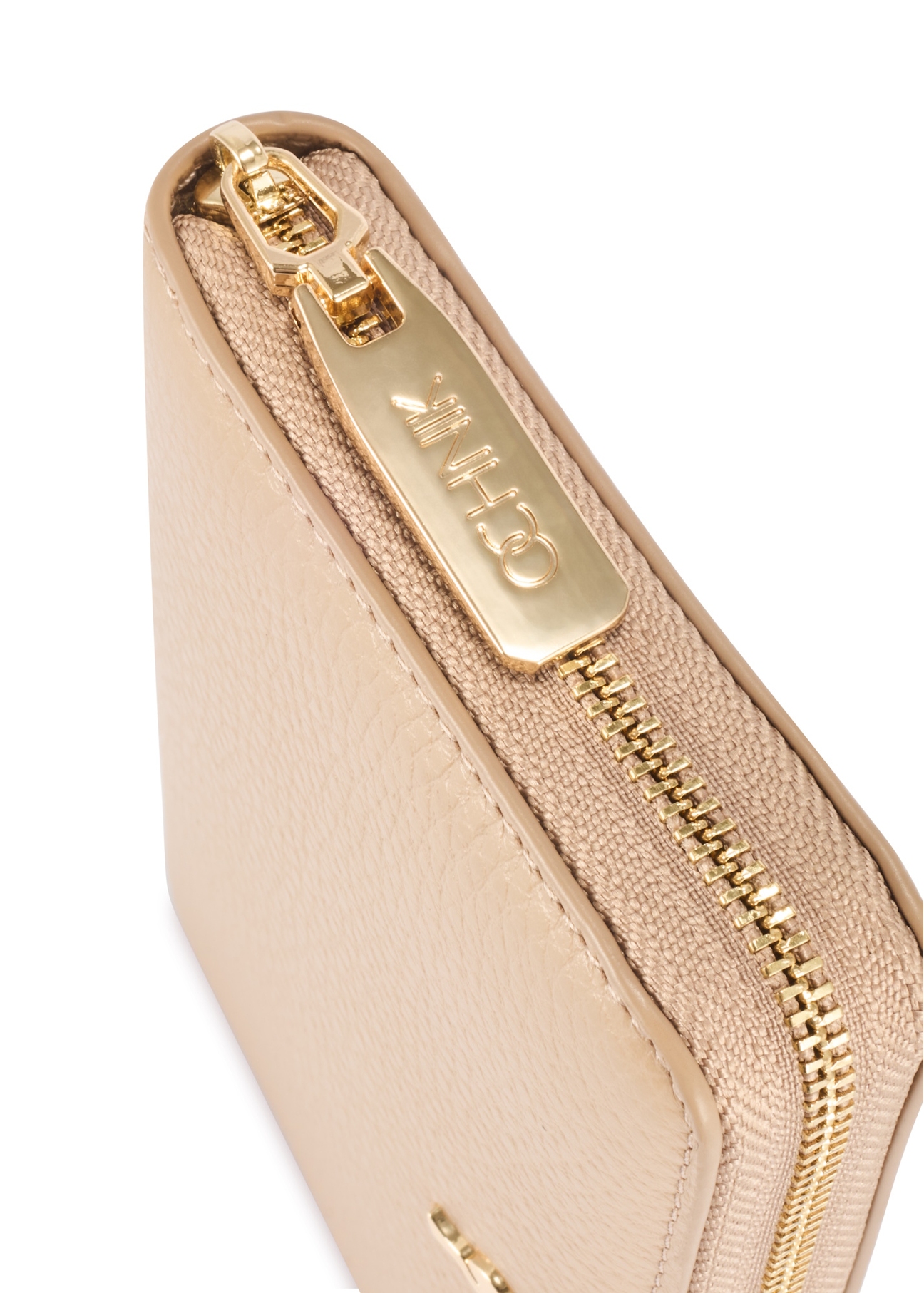 Beige leather medium women's wallet PORES-0898R-1B(W26), close-up of the product detail on a white background.