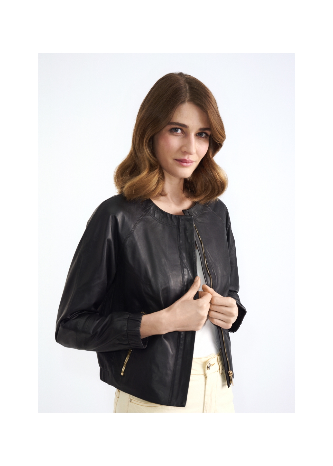 Women's leather jacket with welts KURDS-0308-5608(W22)-02
