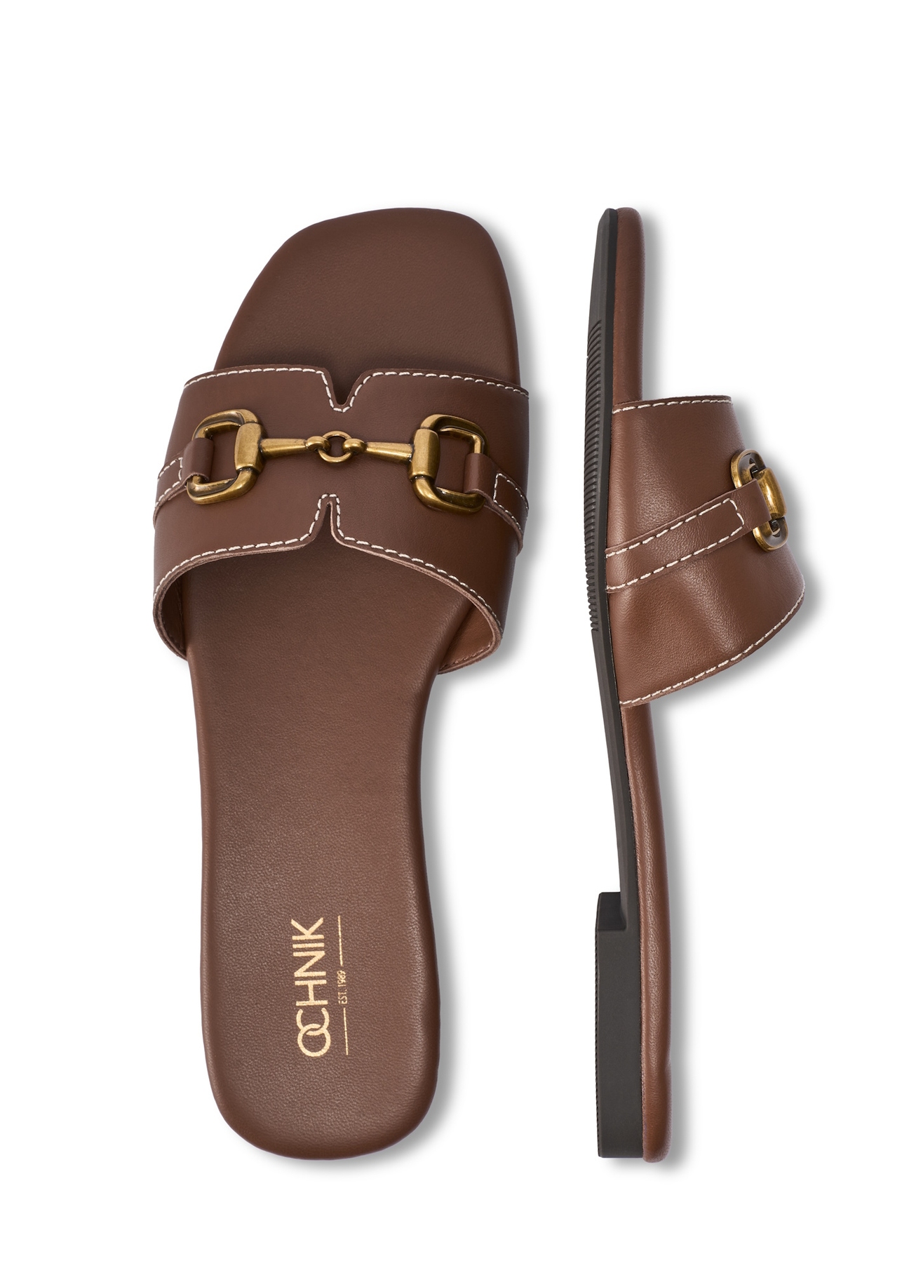 Women's leather camel flip-flops BUTYD-1273-1D(W26), top view of the product on a white background.