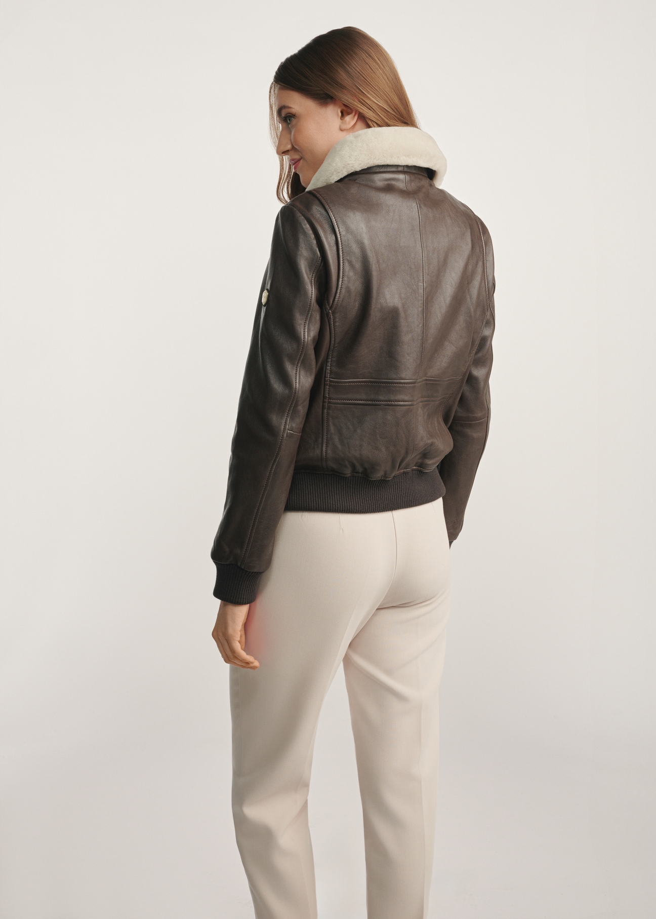 Brown leather jacket with collar KURDS-0505-4158(Z25) - product view from the back against a white background. Full silhouette visible.