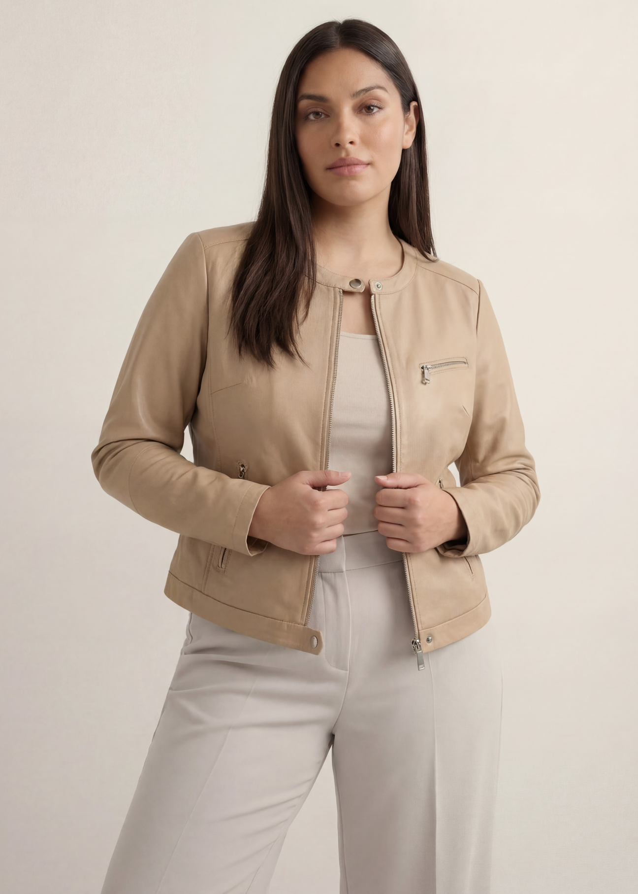 Beige women's leather jacket KURDS-0154 L-1B(W26), product view from the front on the model.