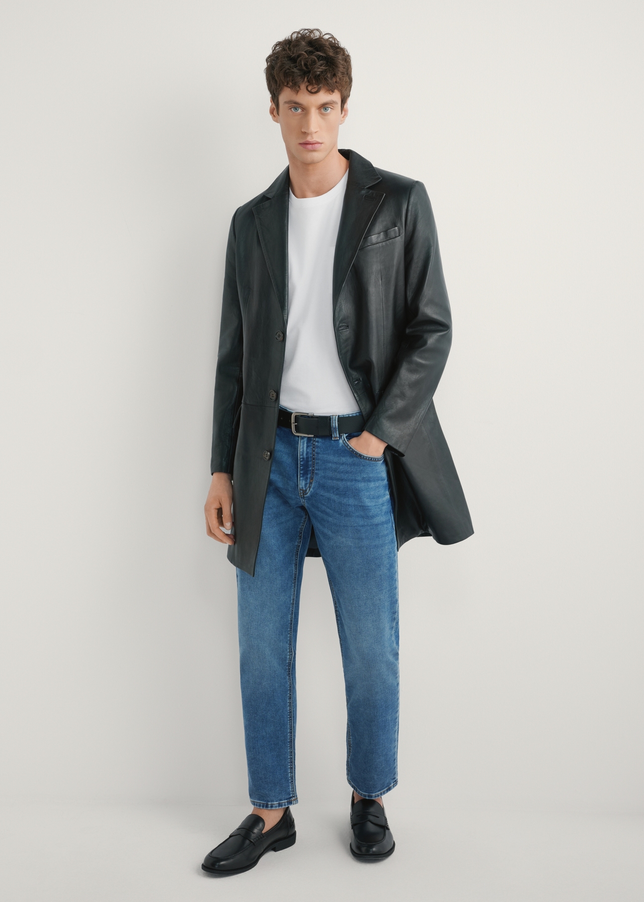 Men's black leather coat KURMS-0388-99(W26) - front view of the product on a model, against a light background. Full silhouette visible.