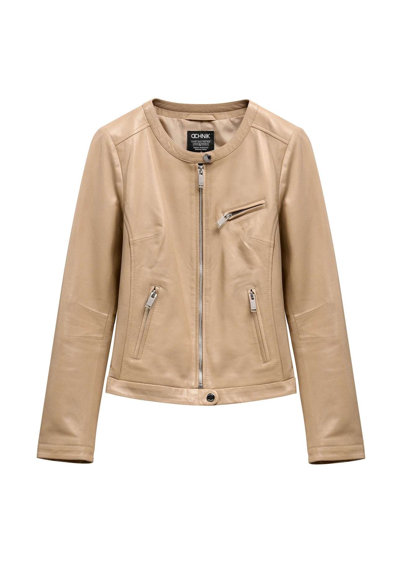 Beige women's leather jacket KURDS-0154L-1B(W26), front product view on white background.