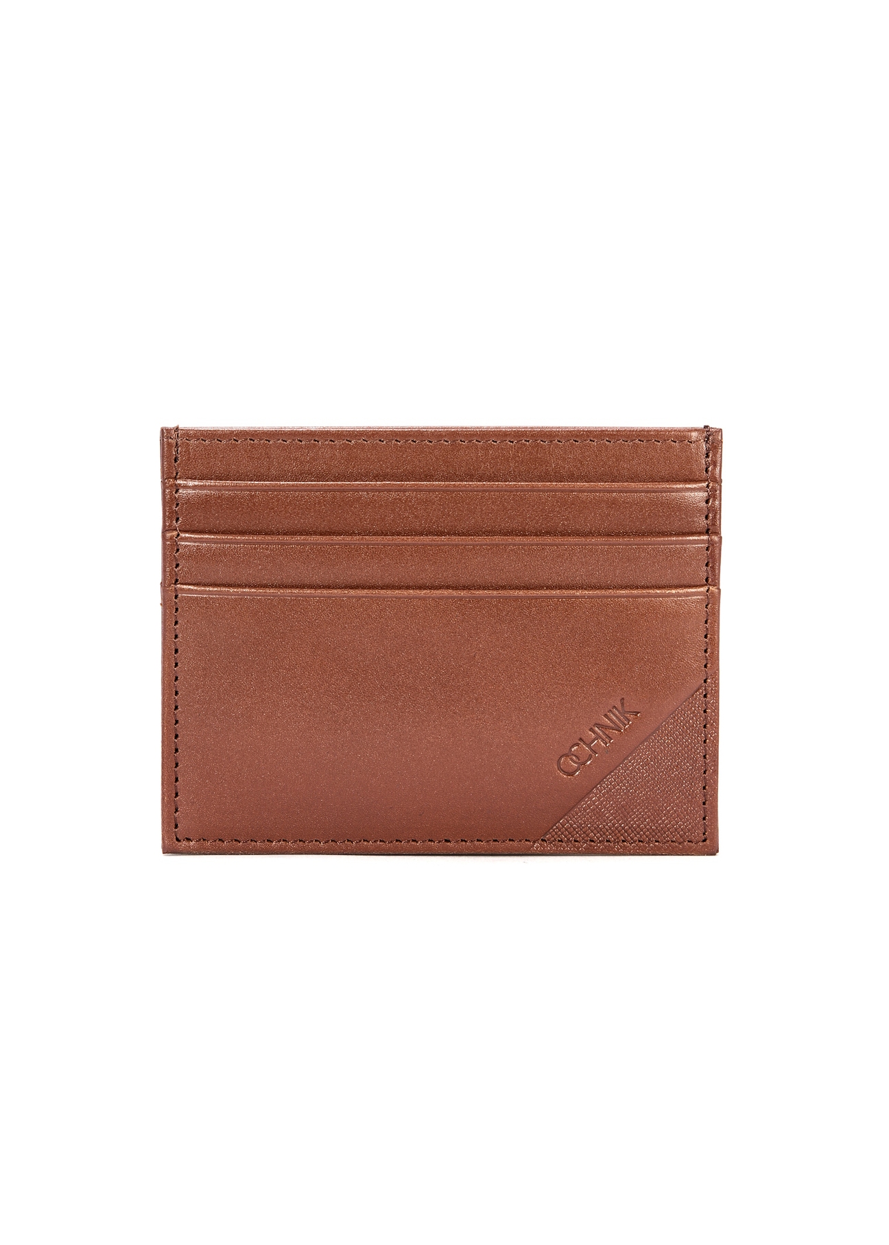 Brown leather card case PORMS-0637-88(W25), front product view on white background.