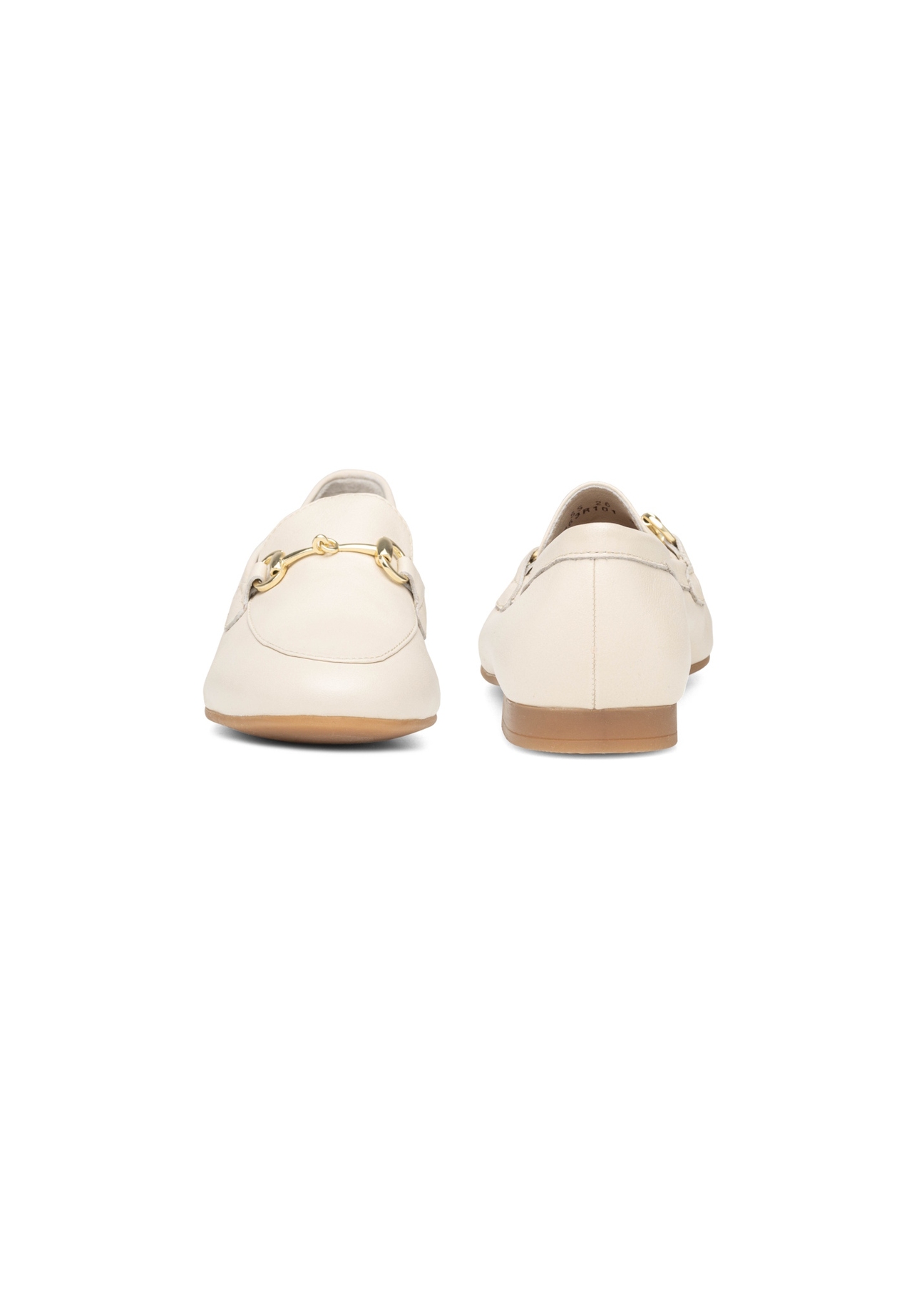 Women's leather cream moccasins with buckle BUTYD-0916A-0B(W26), front and back product view on white background.