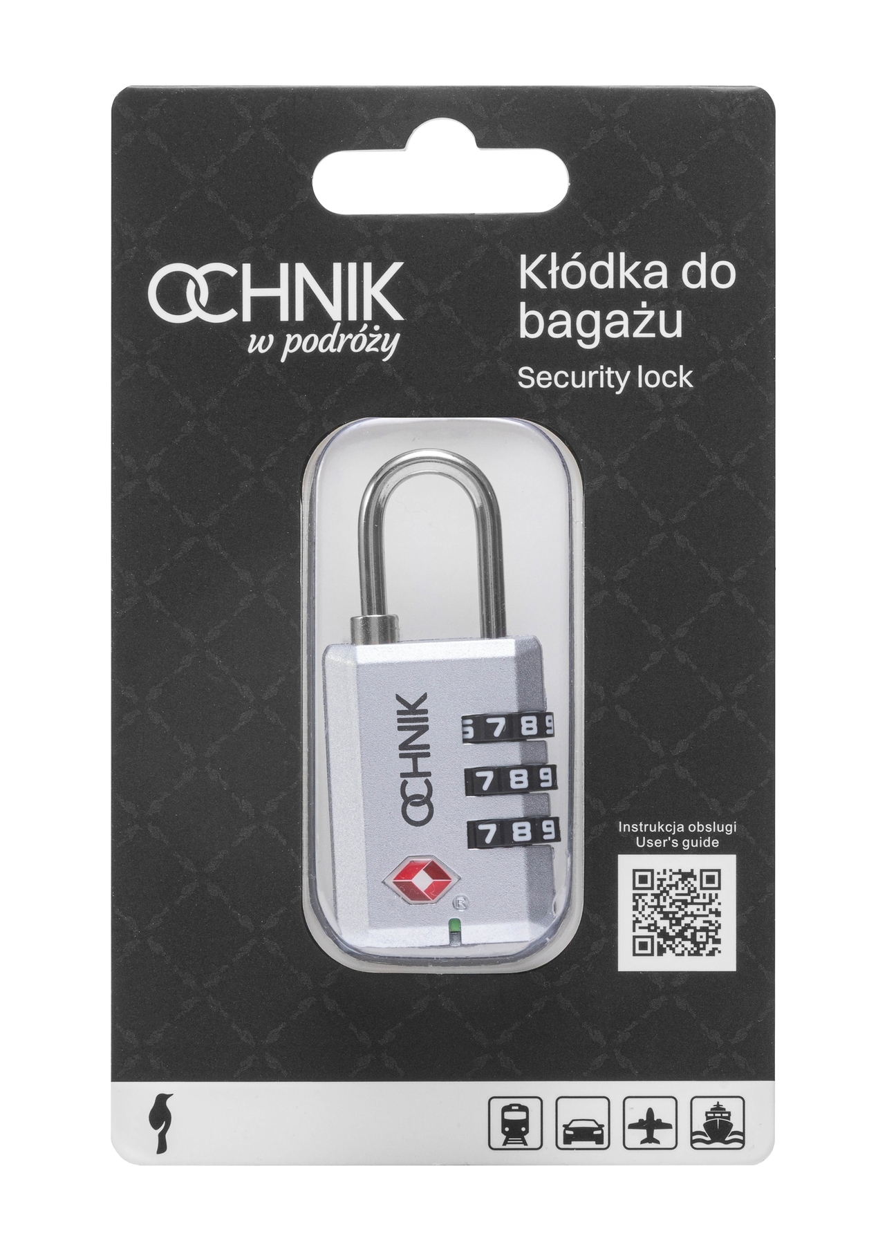 Silver TSA combination padlock AW-015-0002-92(W25), view of the product in the packaging on a white background.