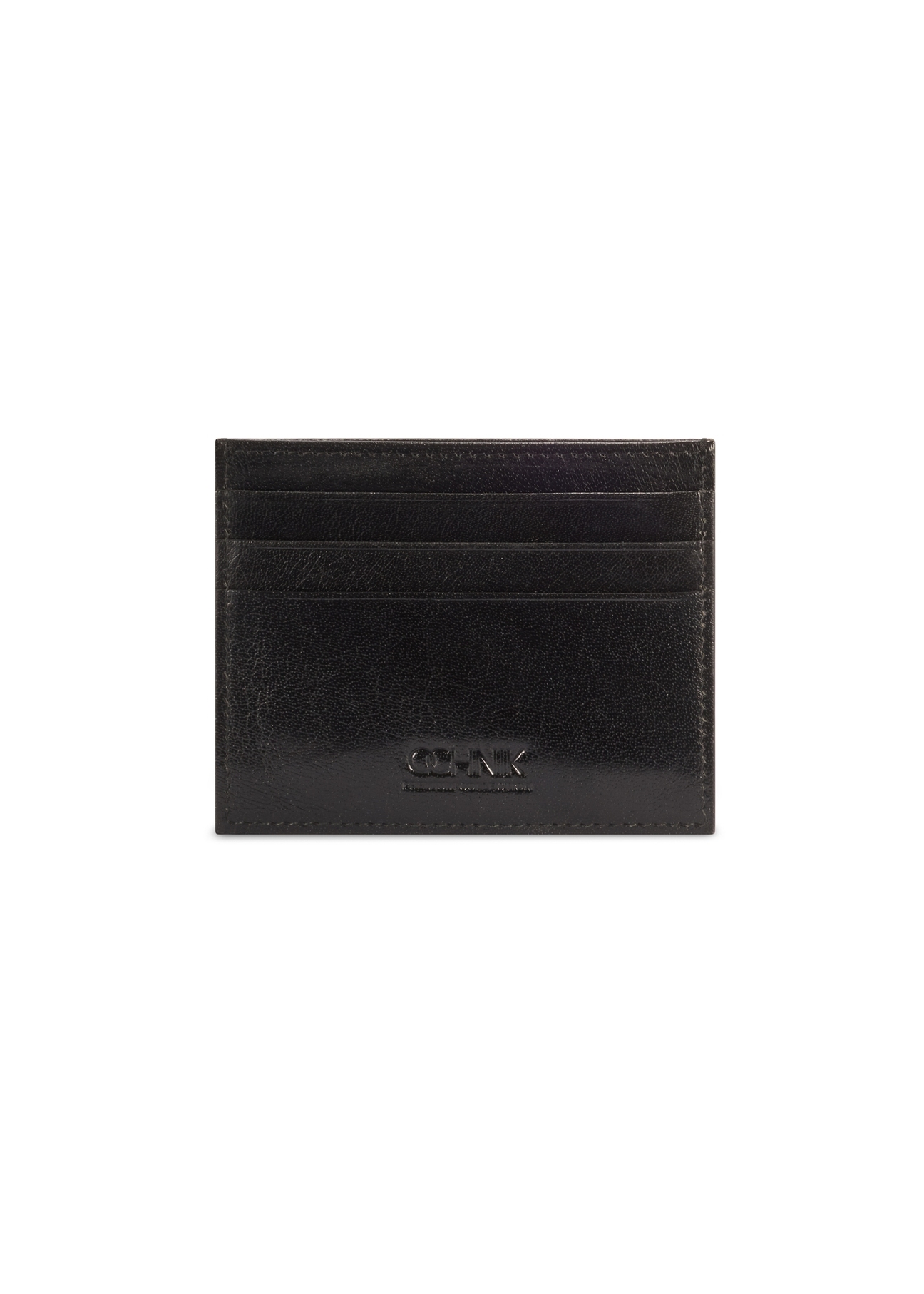 Black leather card case PORMS-0679-99(W26), product back view on white background.