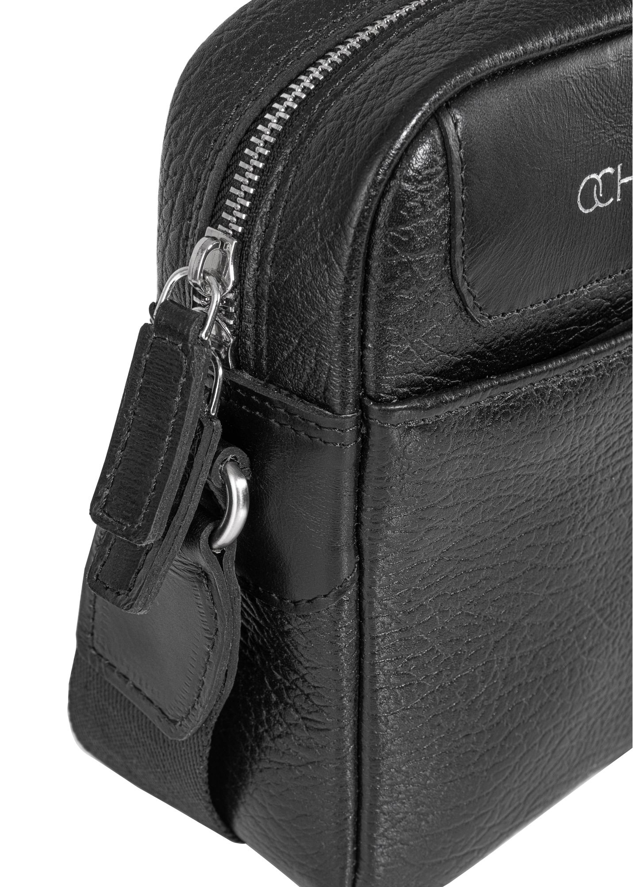 Black leather men's pouch with logo TORMS-0296A-99(Z25) - close-up of detail on white background.