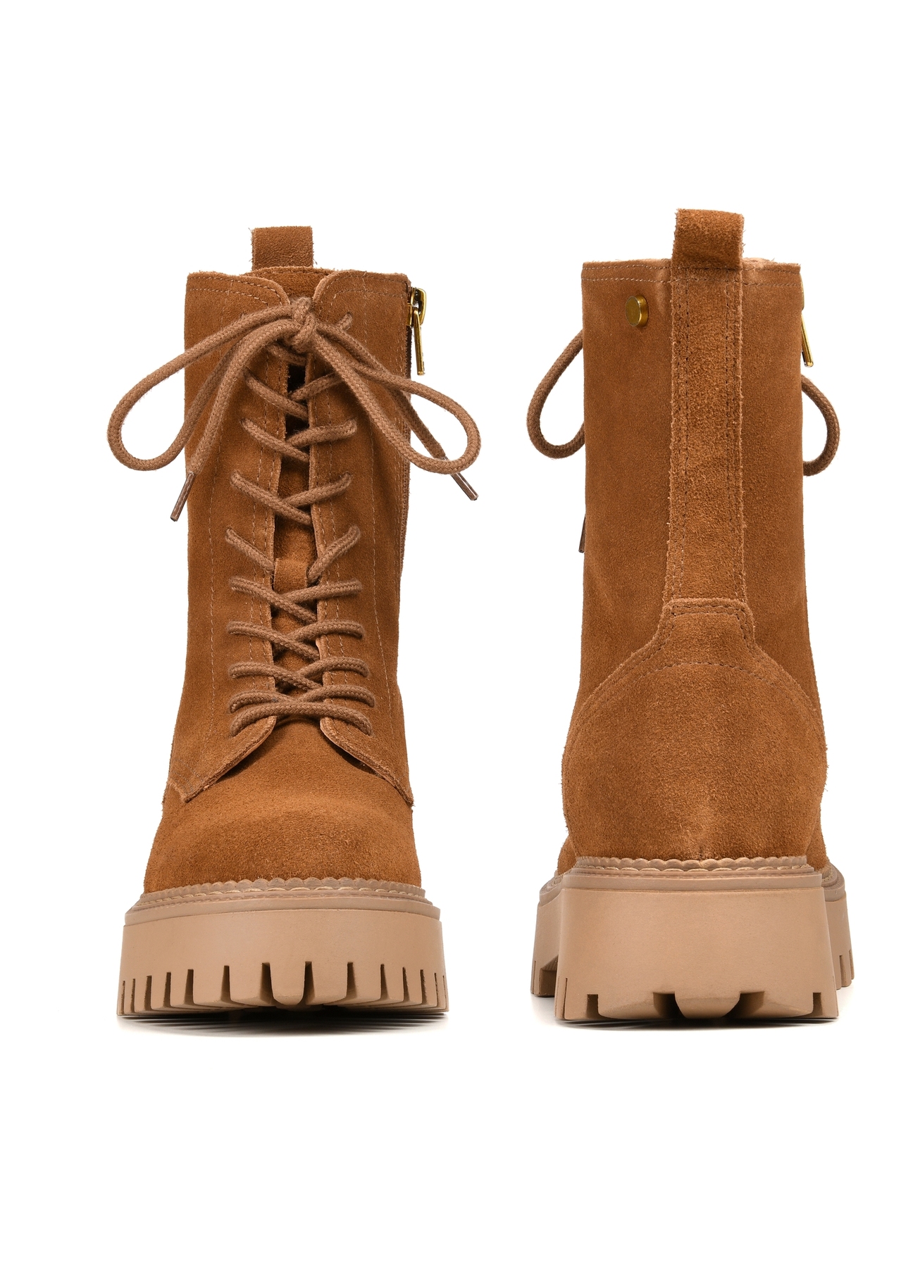 Brown leather women's ankle boots BUTYD-1004-88(Z25), front and back product view on white background.