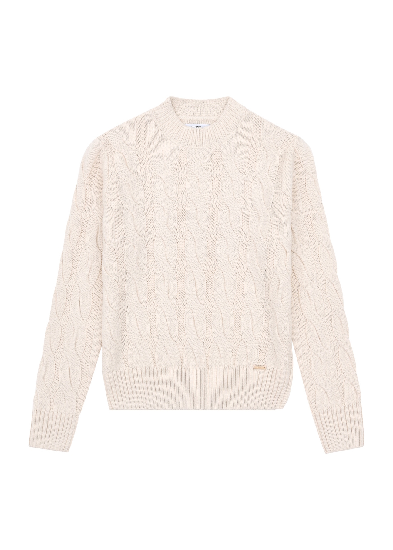 Light beige women's sweater with decorative weave SWEDT-0210-80(Z25), front product view on white background.