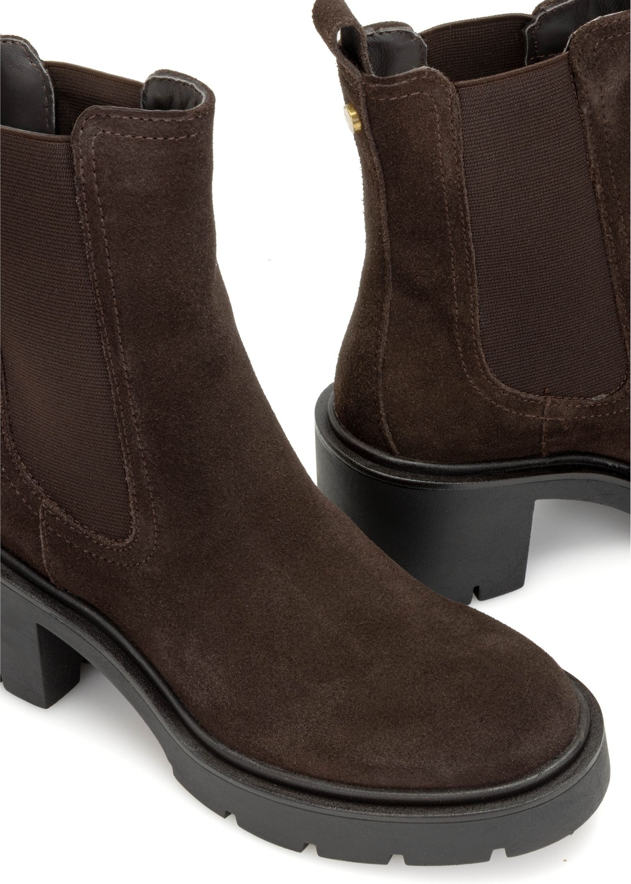 Dark brown suede women's high-heeled ankle boots BUTYD-1094-1I(Z26), close-up of the product on a white background.
