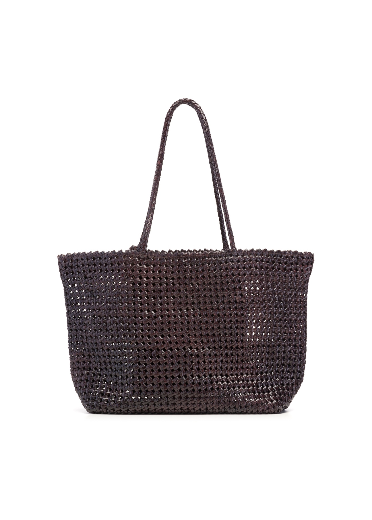 Brown leather woven handbag TORES-1300-1I(W26), product view from the back on a white background.
