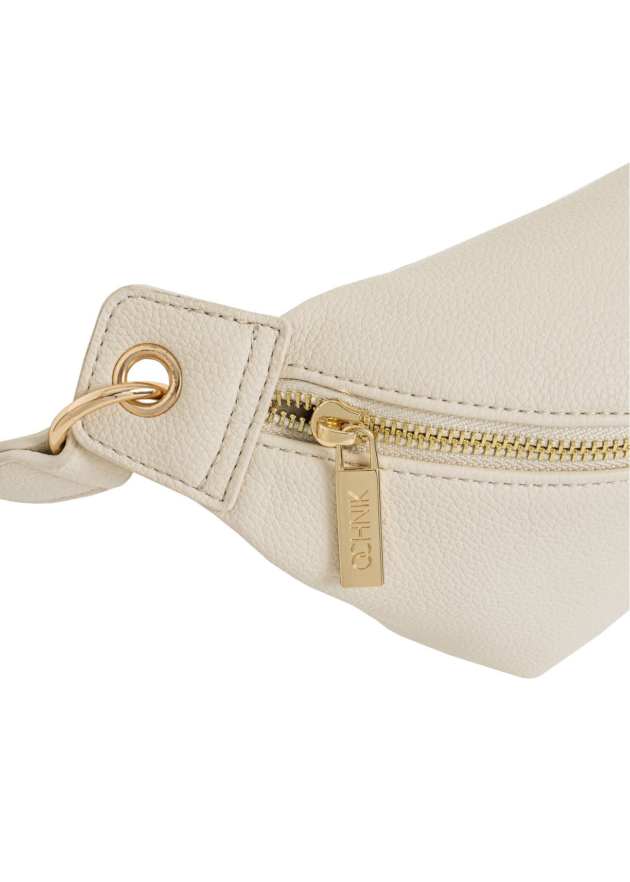 Cream-colored women's waist bag TOREC-0788B-12(W25) - close-up of the gold zipper on a white background.