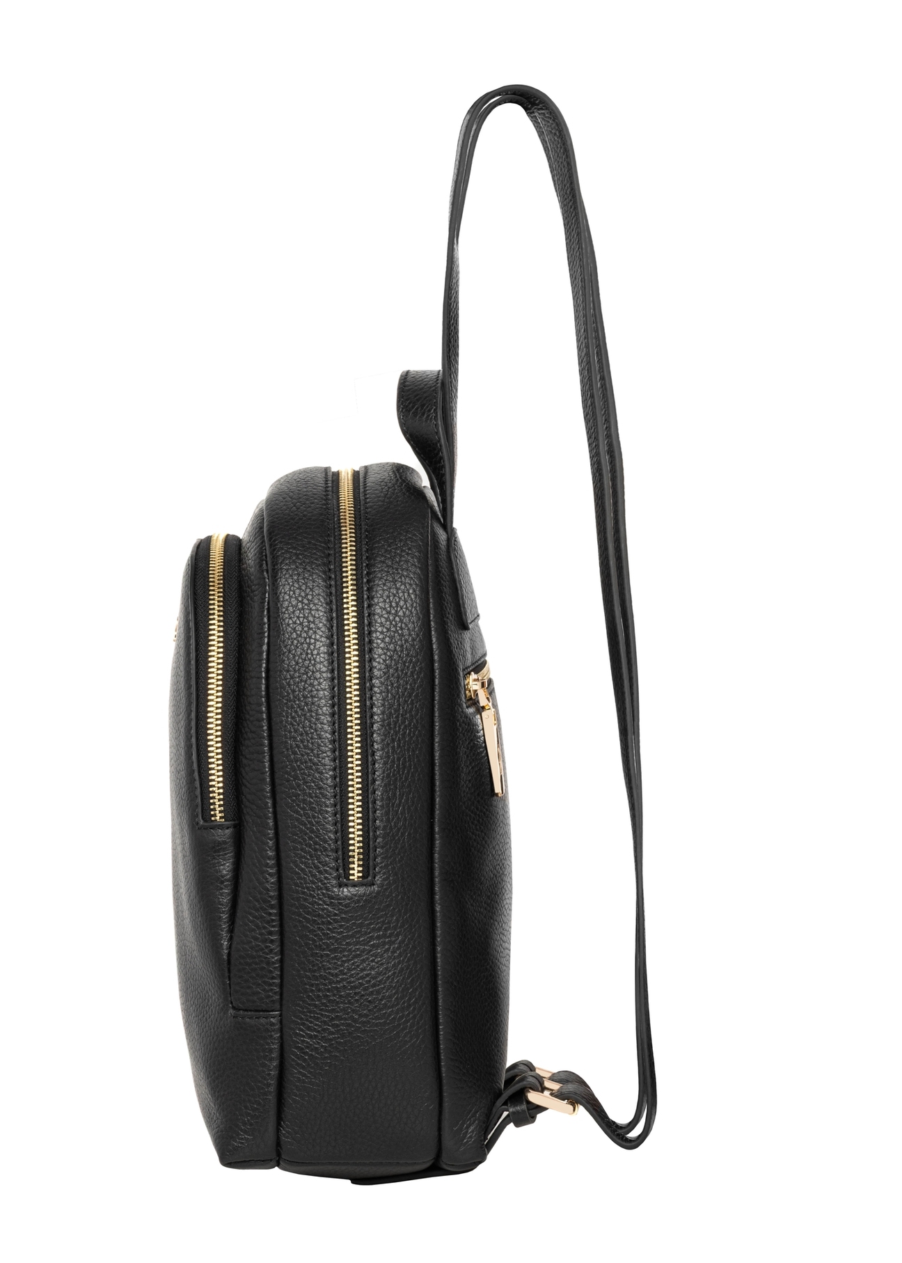 Black leather women's backpack TORES-1355-9I(Z26), product view from the side on a white background.