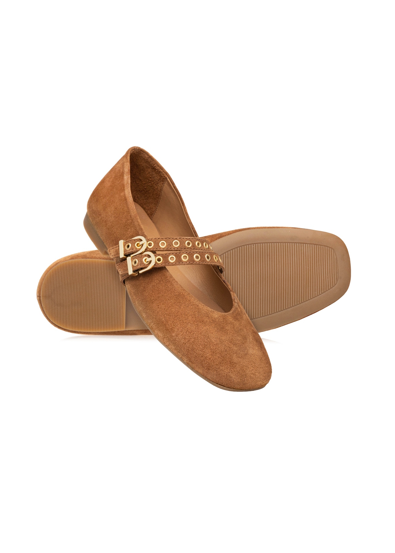Women's suede ballet flats in camel color BUTYD-1243-1D(W26), diagonal product view on a white background.