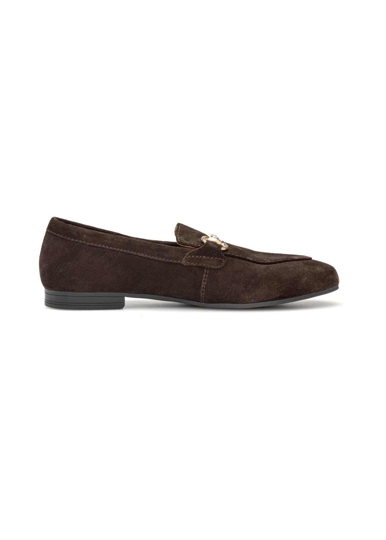 Women's brown suede moccasins BUTYD-1257-1I(W26), side product view on white background.
