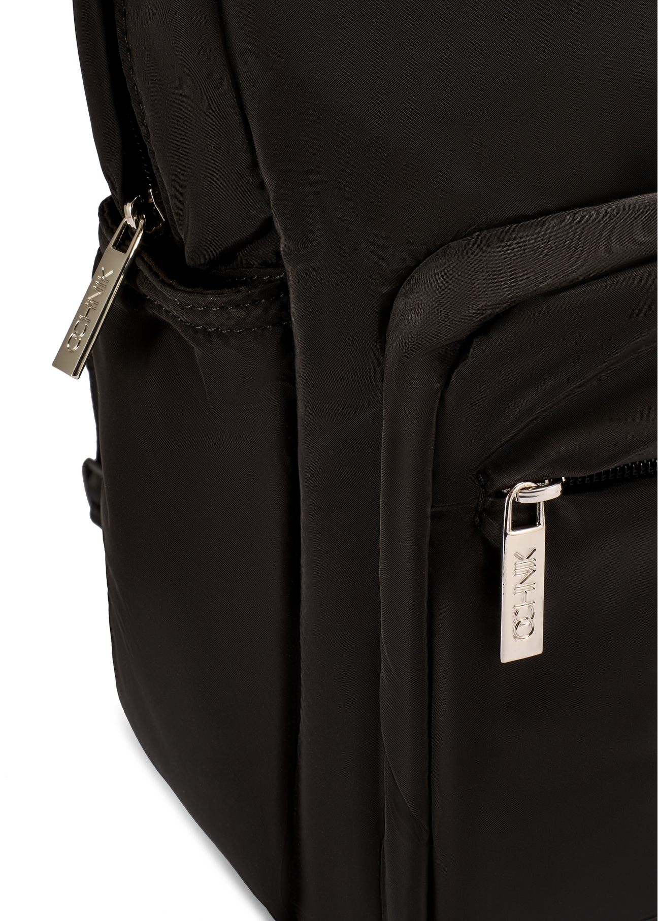 Black nylon women's backpack TOREN-0341-99(W26), close-up of product detail on white background.