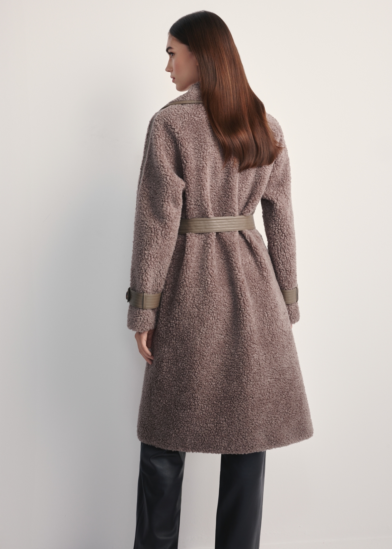 Women's brown wool-blend fur coat FUTDW-0035-91(Z25) - back view of the product on a model against a white background. Half of the silhouette visible.