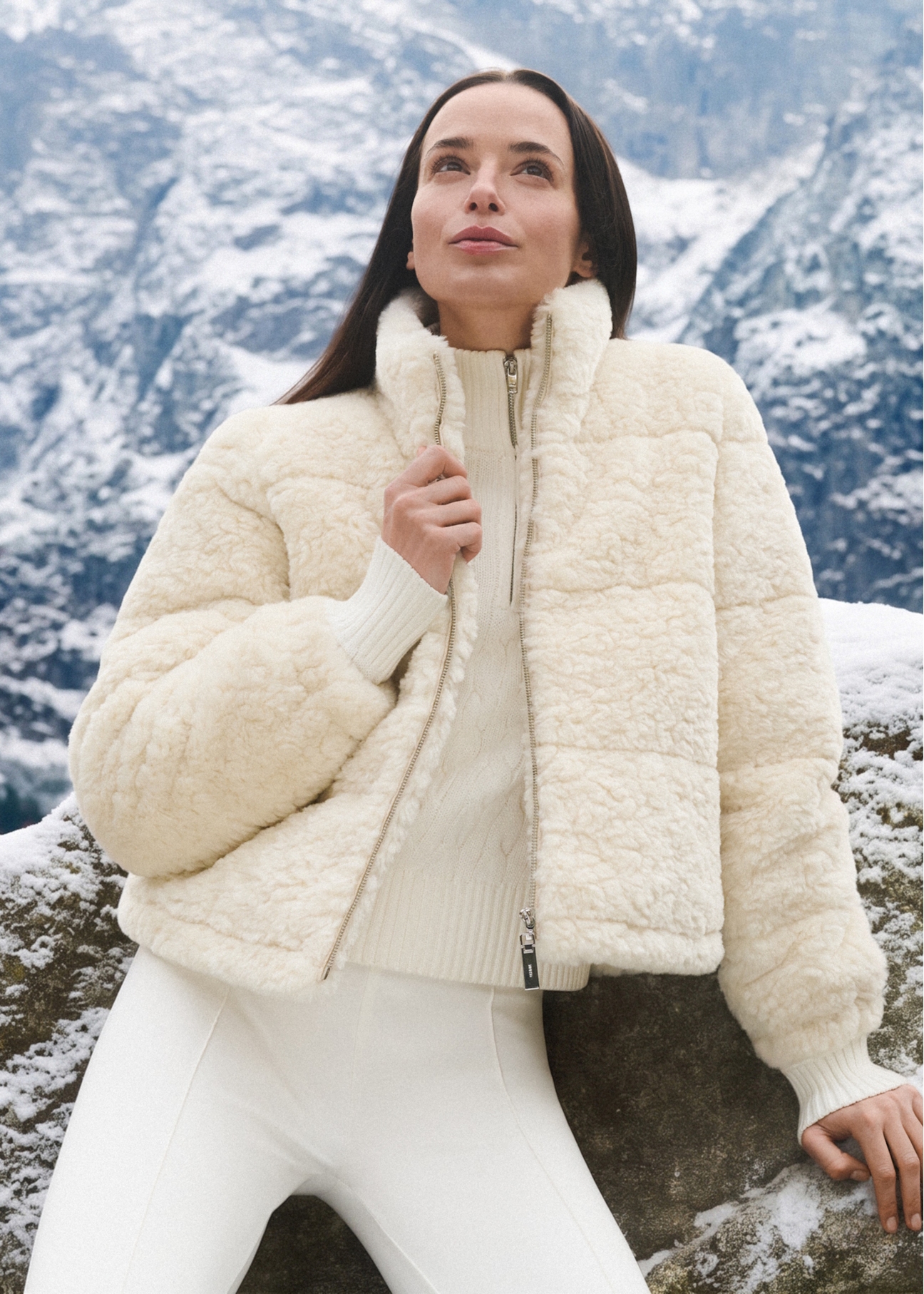 Women's short cream-colored fur coat FUTDP-0092-0B(Z26)