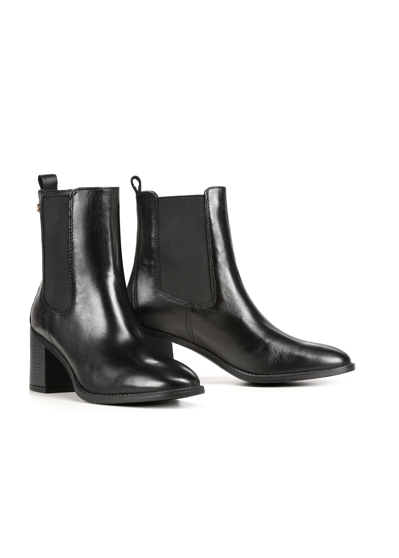 Women's black leather high-heeled Chelsea boots BUTYD-1185-99(Z25), diagonal product view on a white background.