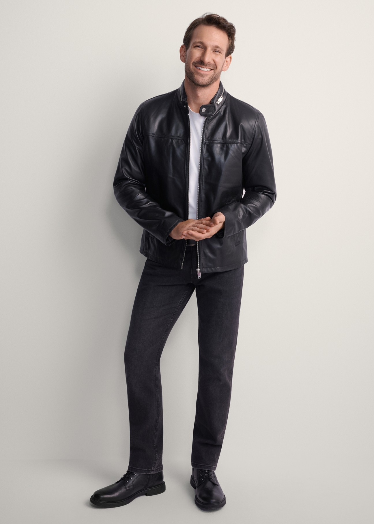 Men's leather jacket with stand-up collar KURMS-0261-5491(KS), front product view on model. Full-length silhouette visible.