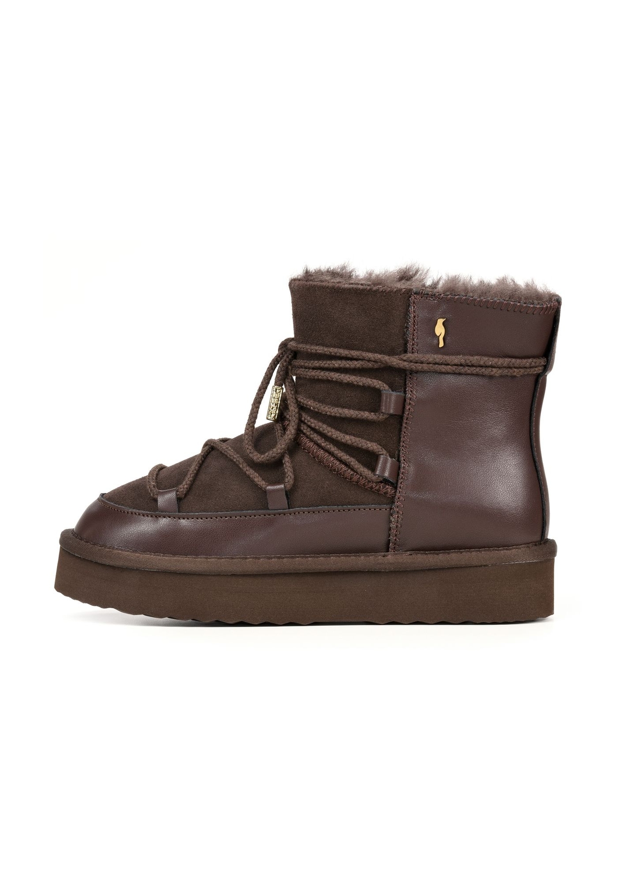 Chocolate women's snow boots BUTYD-1221-1I(Z26), product view from the side on a white background.