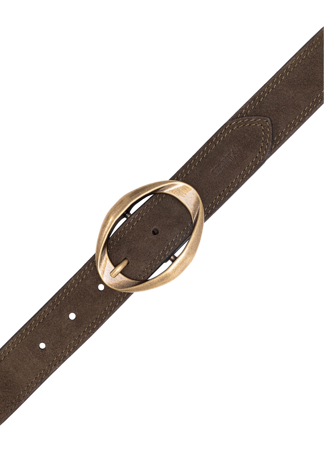 Olive suede women's belt PASDS-0318-57(Z25), product view with buckle on white background.