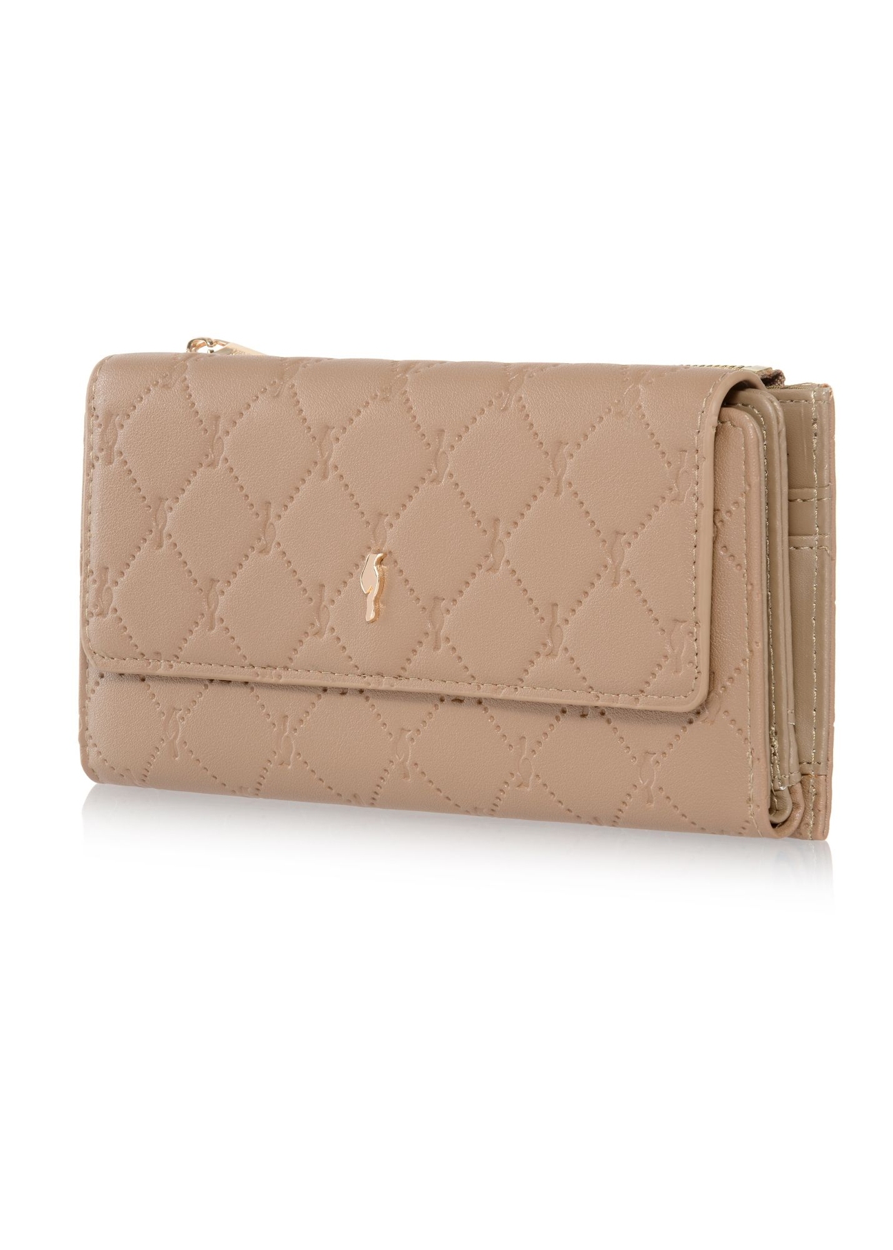 Large beige women's wallet with monogram POREC-0347A-81(Z25) - side view of the product on a white background.
