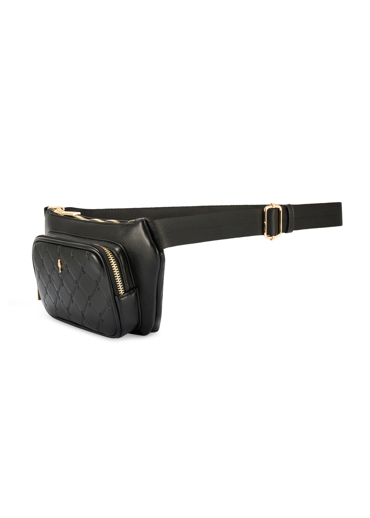 Black women's waist bag with monogram TOREC-1192-9P(W26) - diagonal view of the product on a white background.