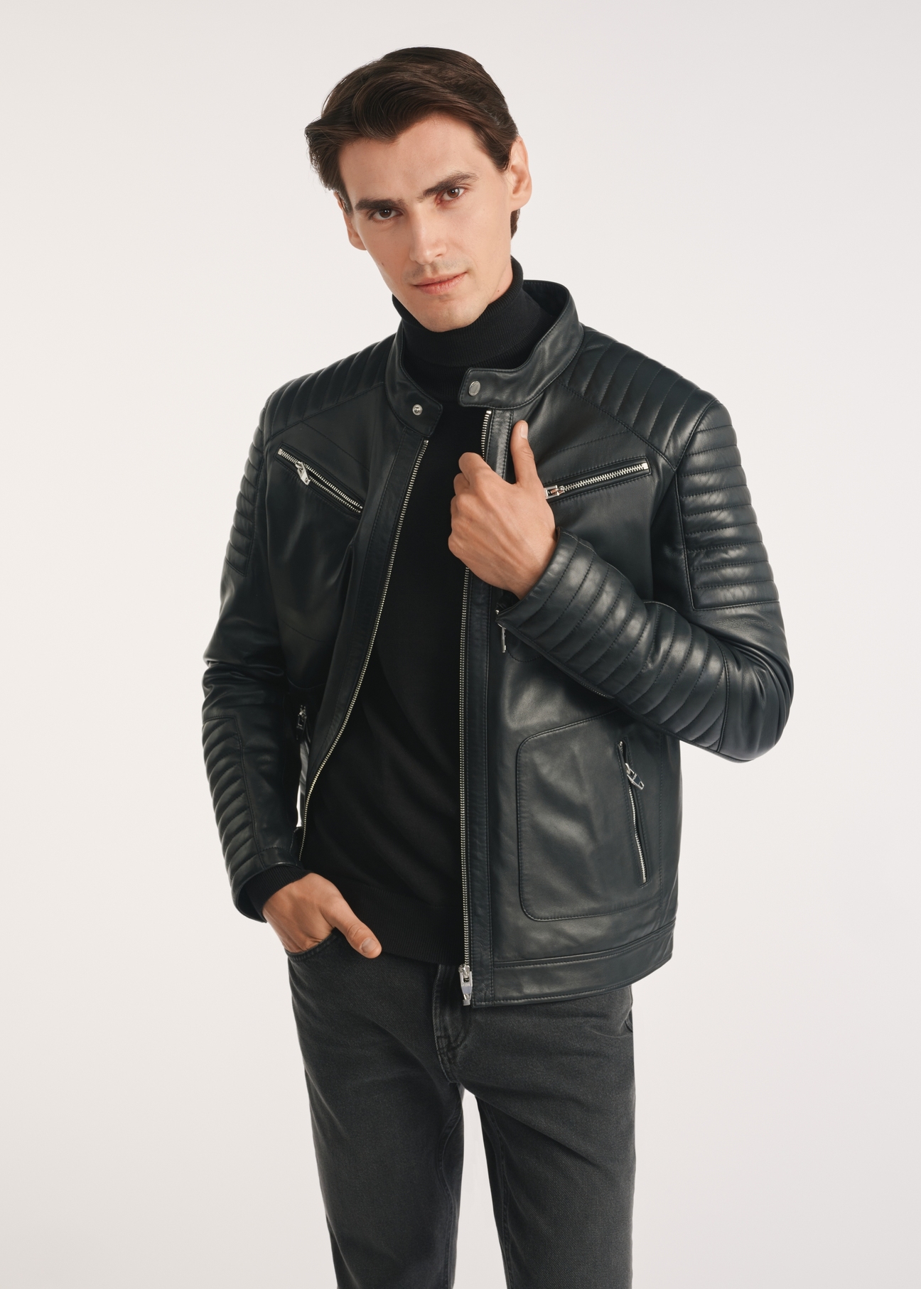 Black men's leather jacket KURMS-0382-1283(Z25), product visible from the front on the model, half of the silhouette visible.