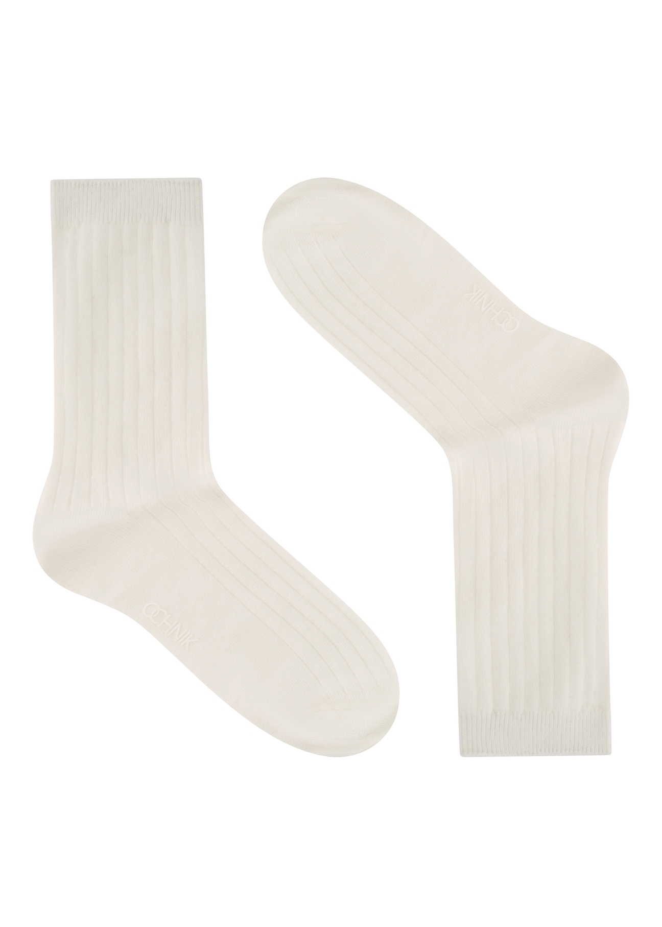 Women's white ribbed long socks SKADT-0072-0B(W26), side product view on white background.