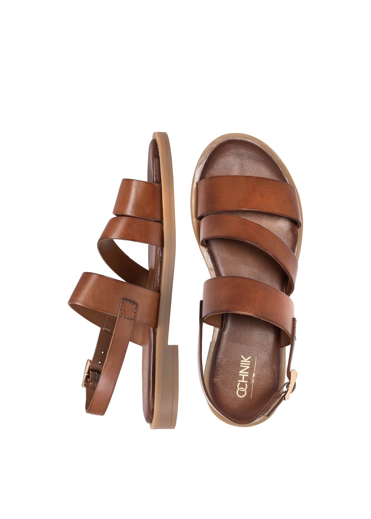 Women's leather sandals in cognac color BUTYD-1152-1F(W26), product view from above on white background.