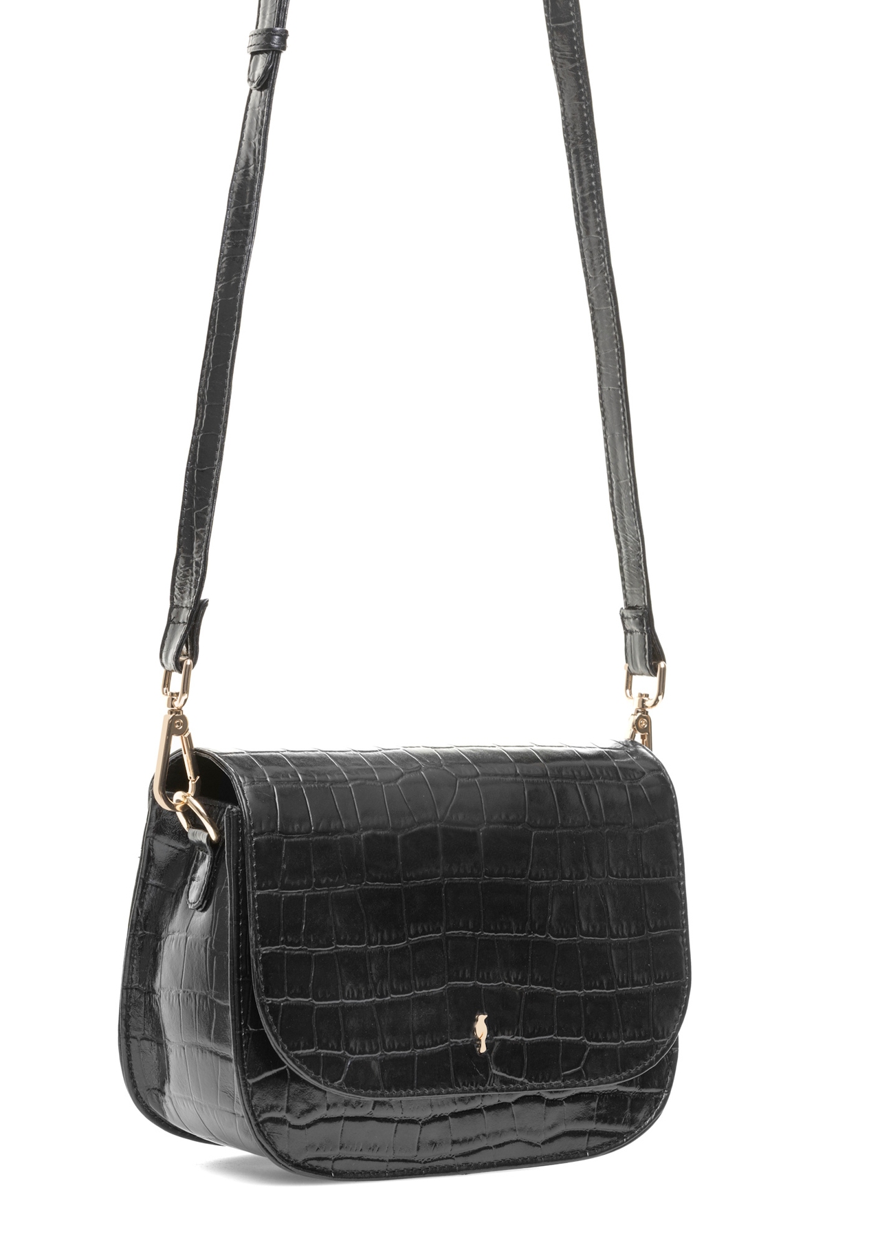 Leather black women's croco handbag TORES-1129E-99(Z25), product view with strap on white background.