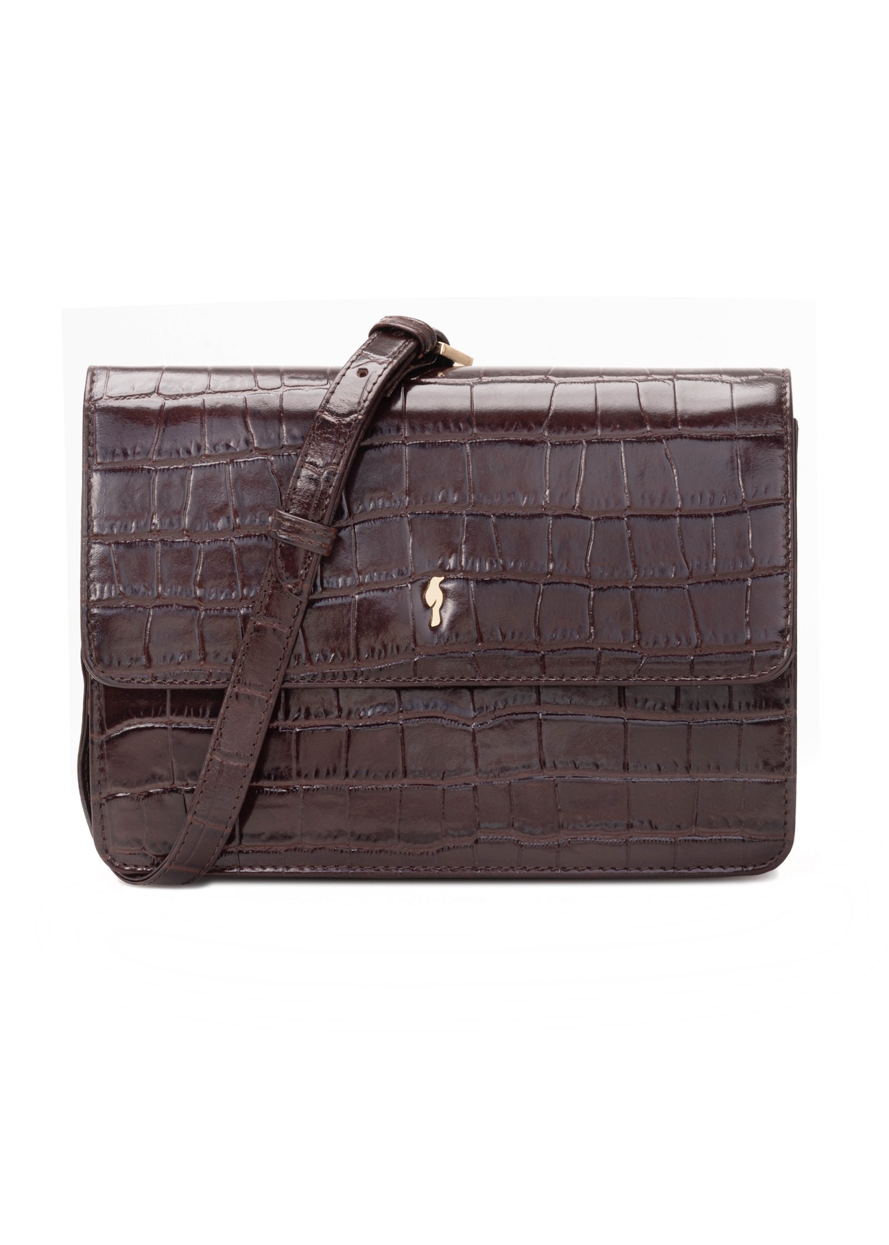 Brown small croco leather handbag TORES-1233-1H(W26), front product view on white background.