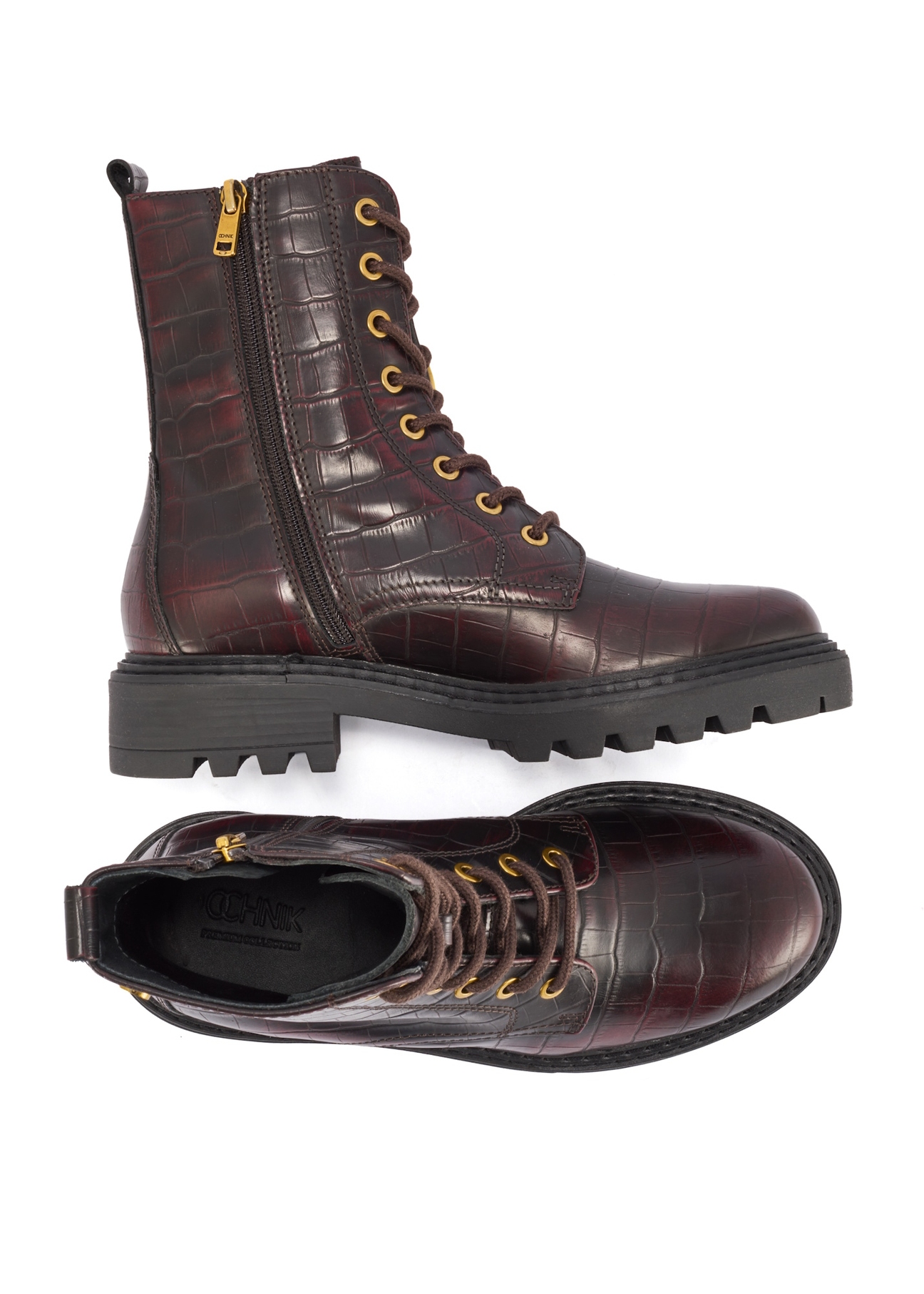 Burgundy women's croco ankle boots BUTYD-1192-90(Z25), product view from above on a white background.