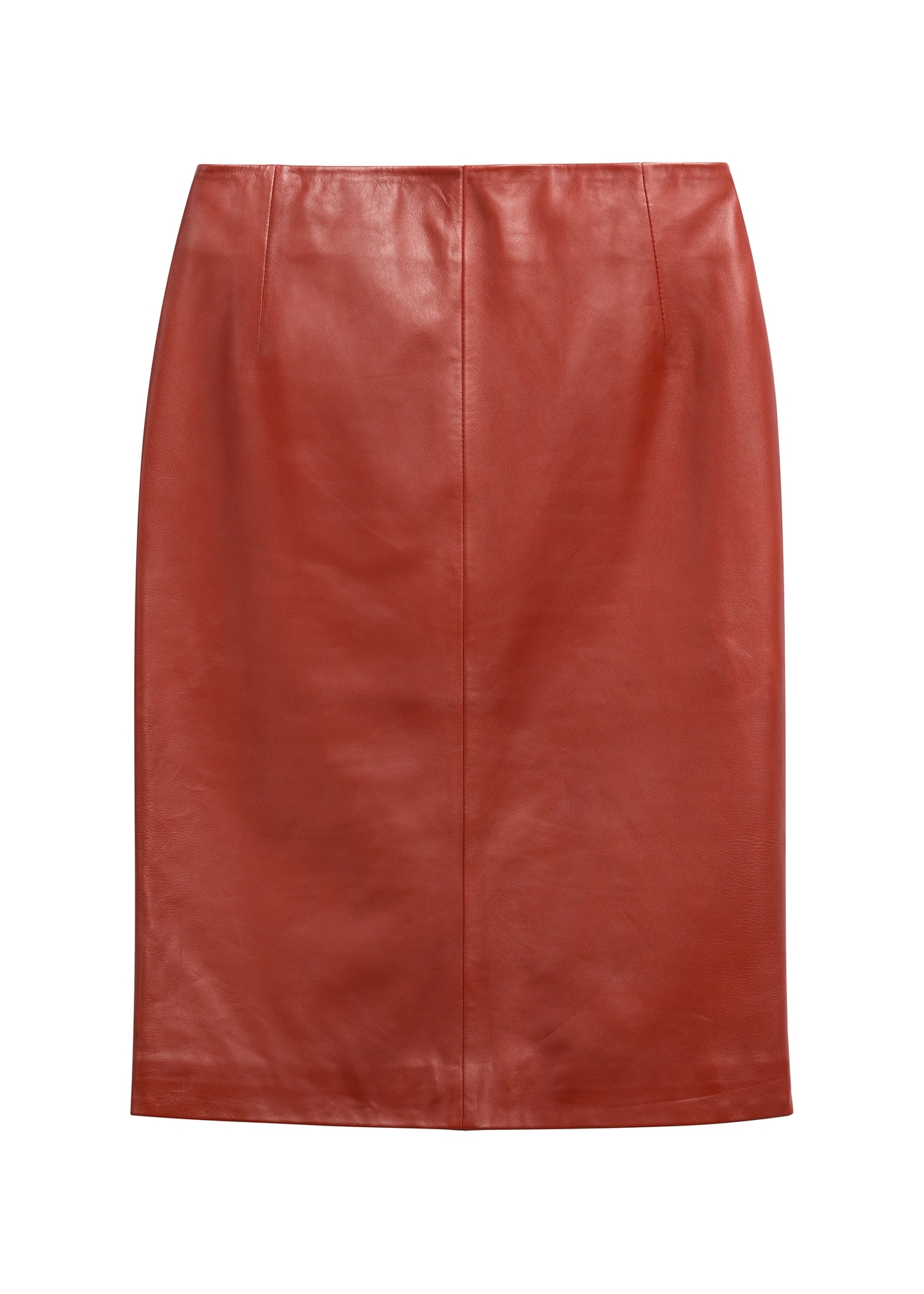 Red leather women's skirt SPCDS-0031-3D(Z26), front product view on white background.