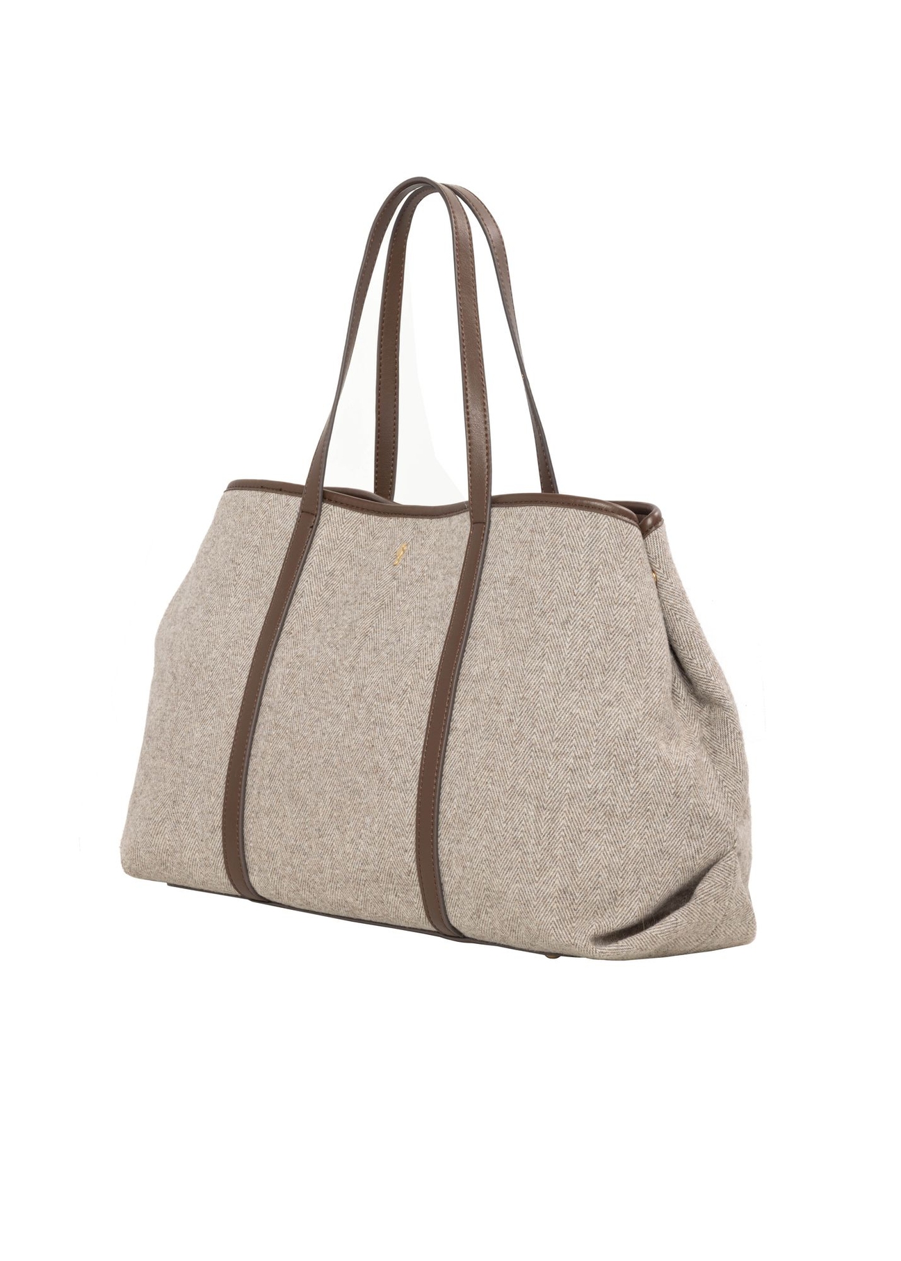 Beige herringbone shopper bag TOREC-1330-1P(Z26) - diagonal product view, on a white background.